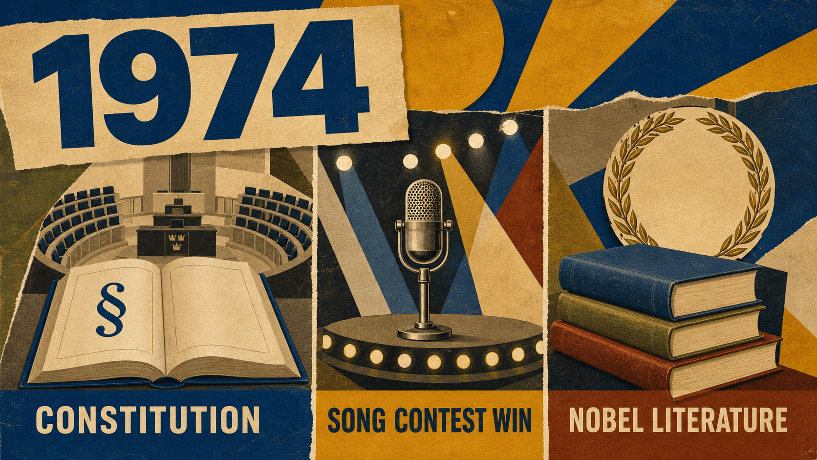 Infographic for Sweden in 1974 with constitution, song contest, and Nobel literature symbols.