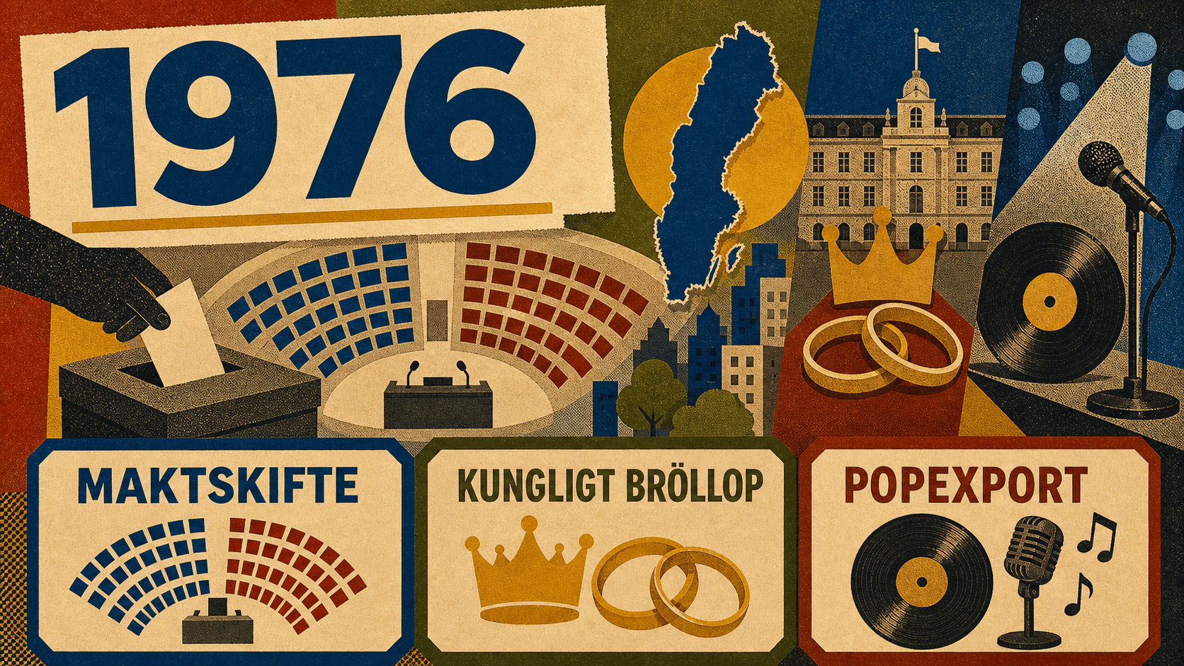 Infografik för Sverige 1976 med symboler för maktskifte, kungligt bröllop och popexport.
