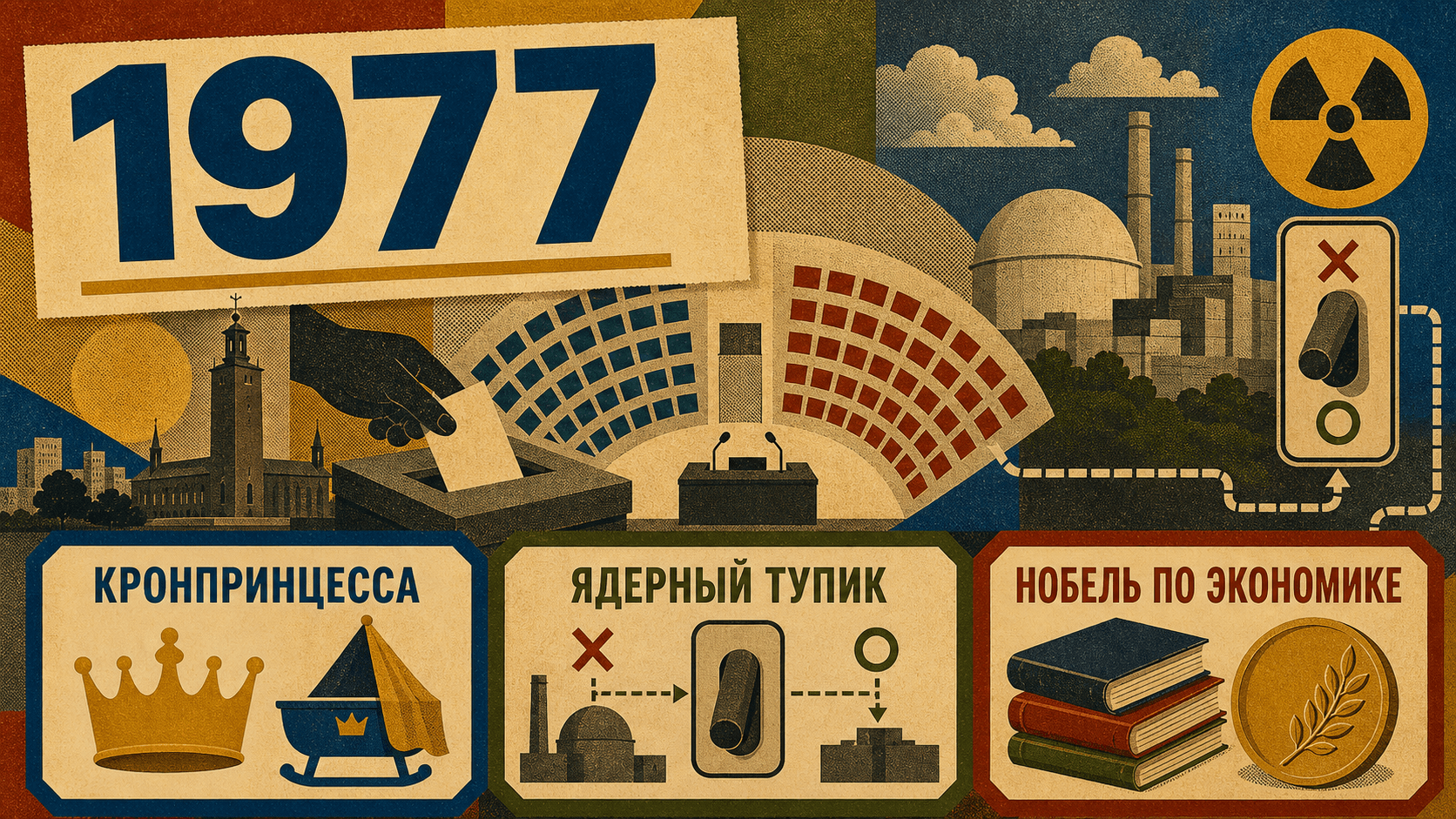 Инфографика о Швеции 1977 года с символами кронпринцессы, ядерного тупика и Нобелевской премии по экономике.