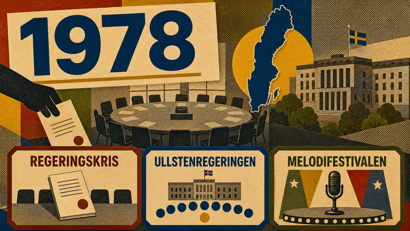 Infografik för Sverige 1978 med symboler för regeringskris, Ullstenregeringen och Melodifestivalen.