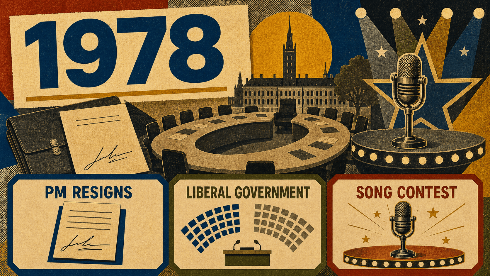 Infographic for Sweden in 1978 with PM resignation, Liberal government, and song-contest symbols.