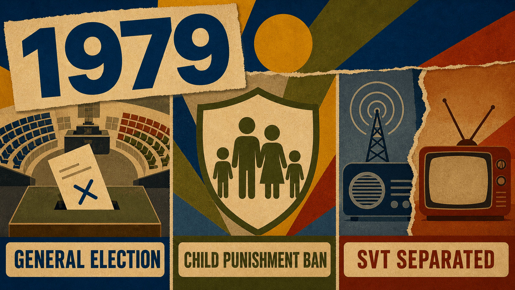 Infographic for Sweden in 1979 with election, child protection, and SVT separation symbols.