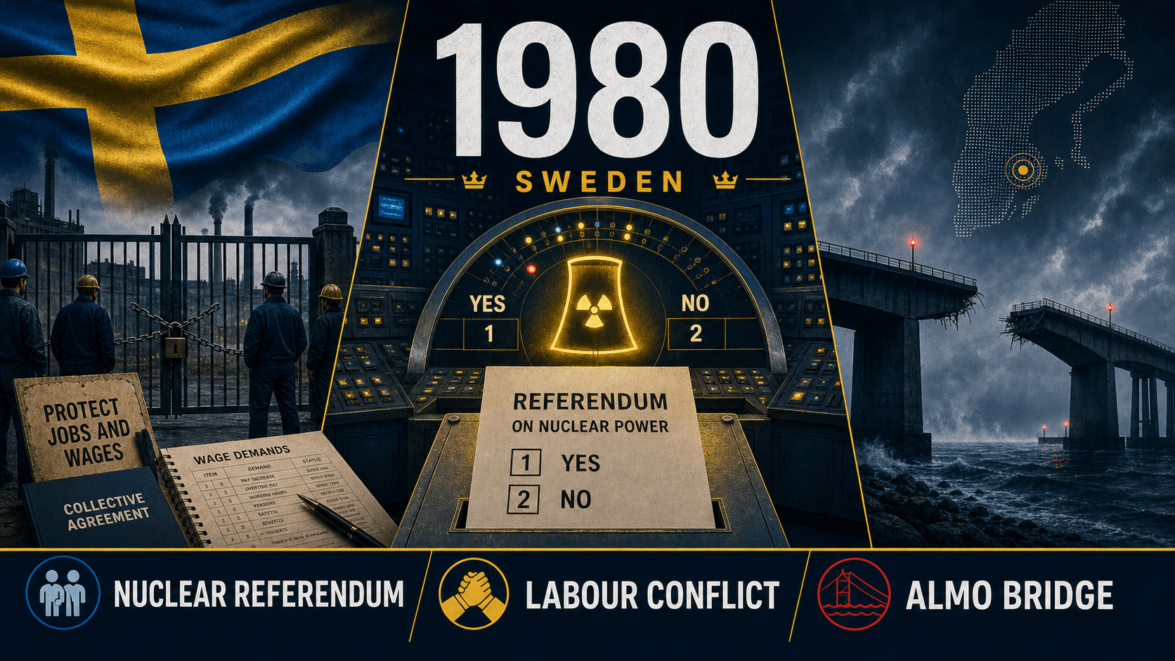 Infographic for Sweden in 1980 with nuclear referendum, labour lockout, and broken bridge symbols.