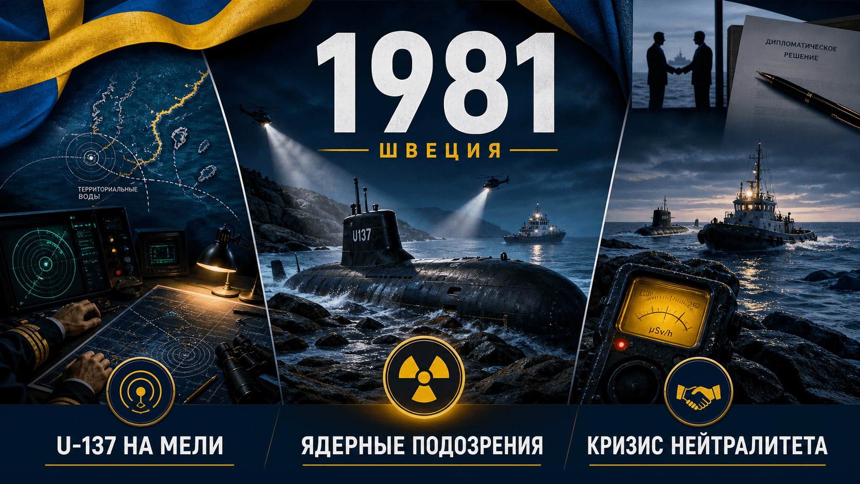 Инфографика о Швеции 1981 года с подлодкой на мели, сонаром и символами кризиса холодной войны.