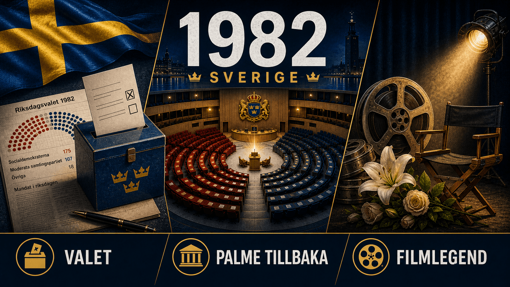 Infografik för Sverige 1982 med val, riksdag och filmhyllning.