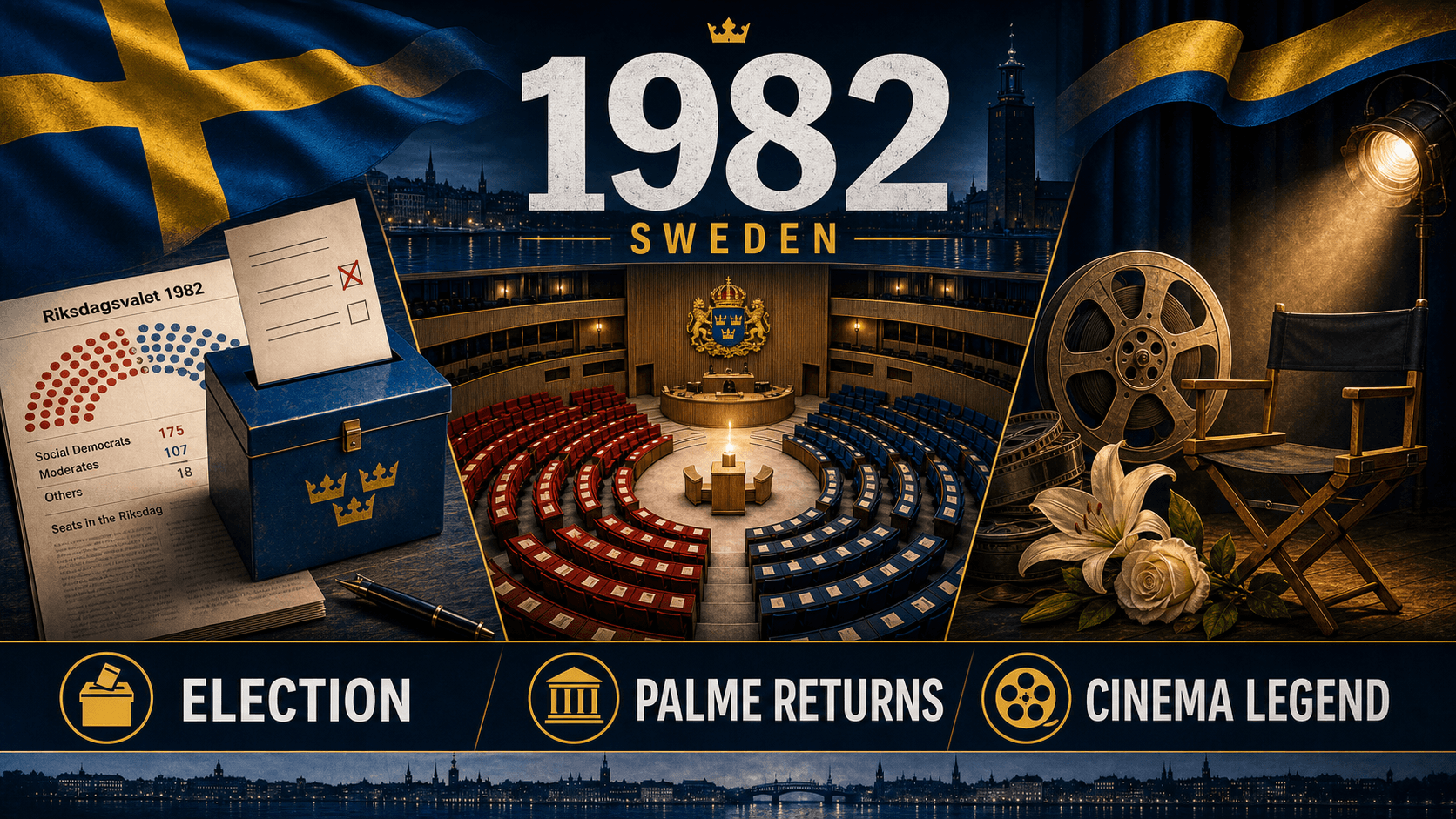 Infographic for Sweden in 1982 with election, parliament, and cinema tribute symbols.