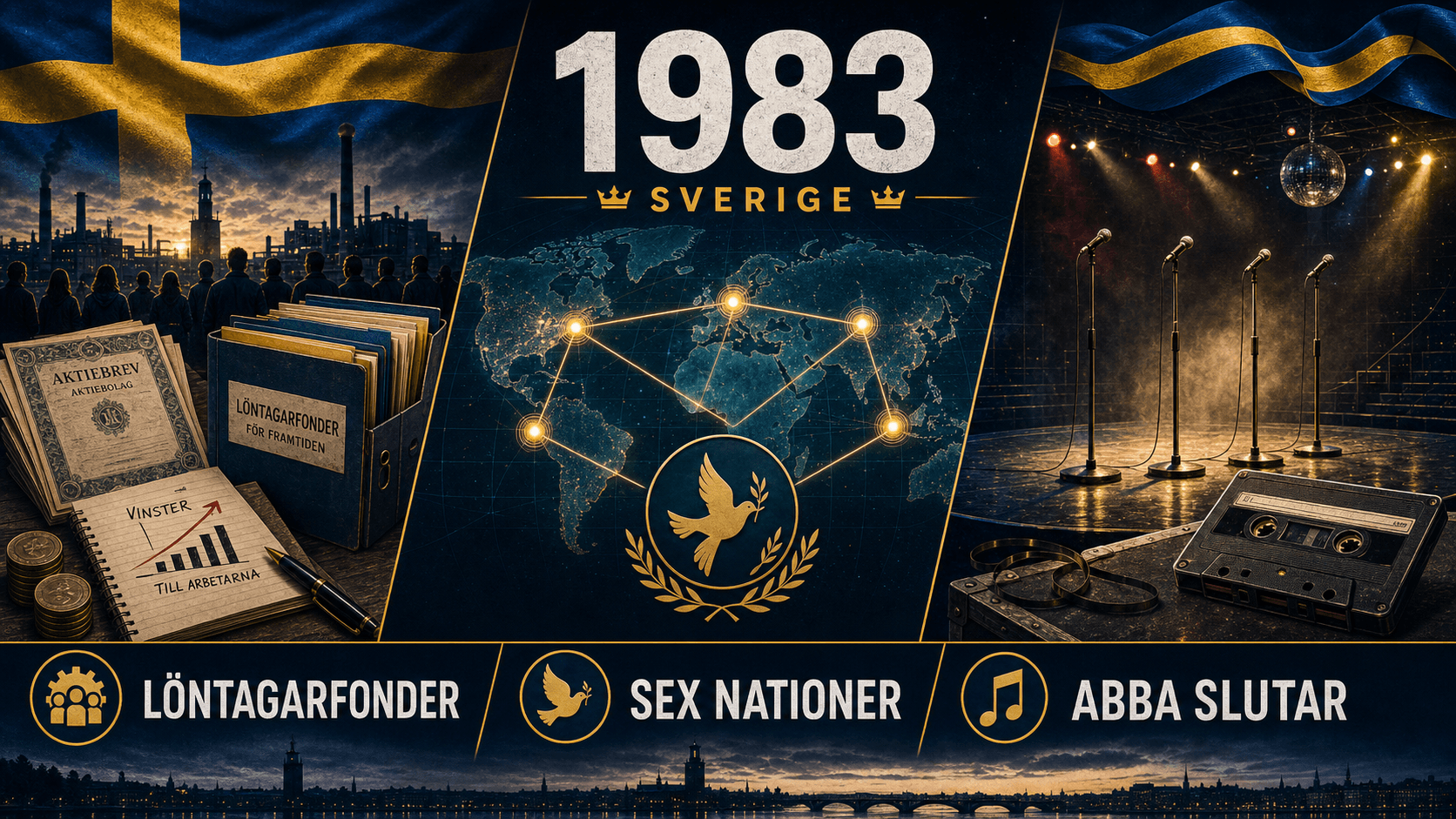 Infografik för Sverige 1983 med löntagarfonder, fredsdiplomati och tom musikscen.