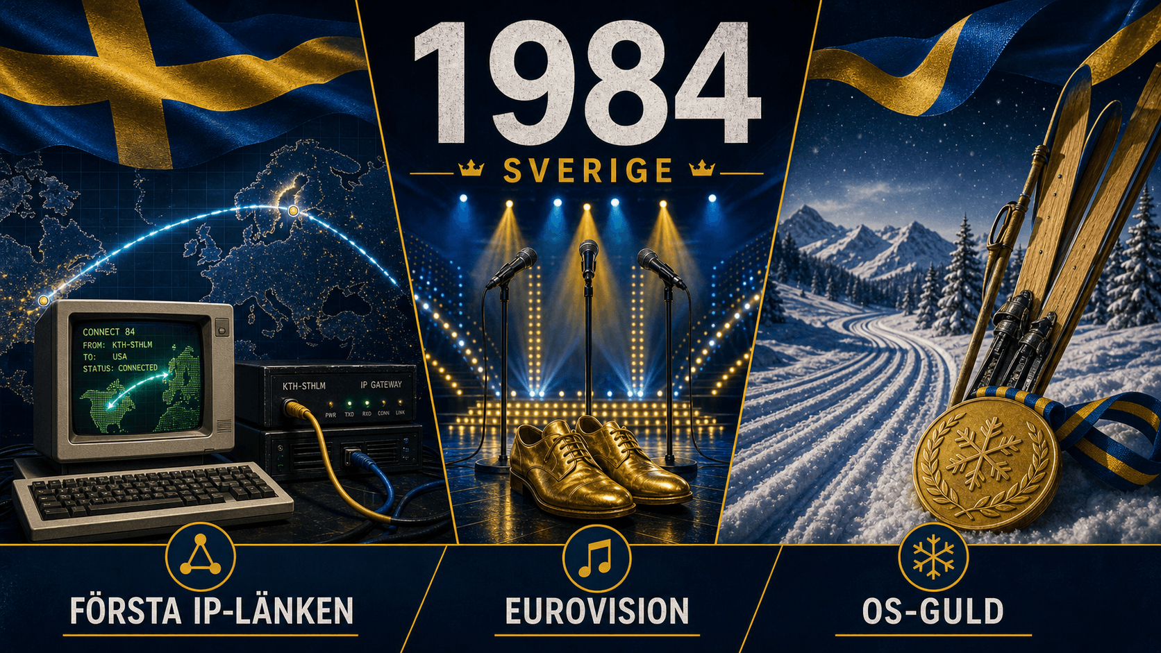 Infografik för Sverige 1984 med tidigt internet, Eurovision-scen och längdskidåkning.