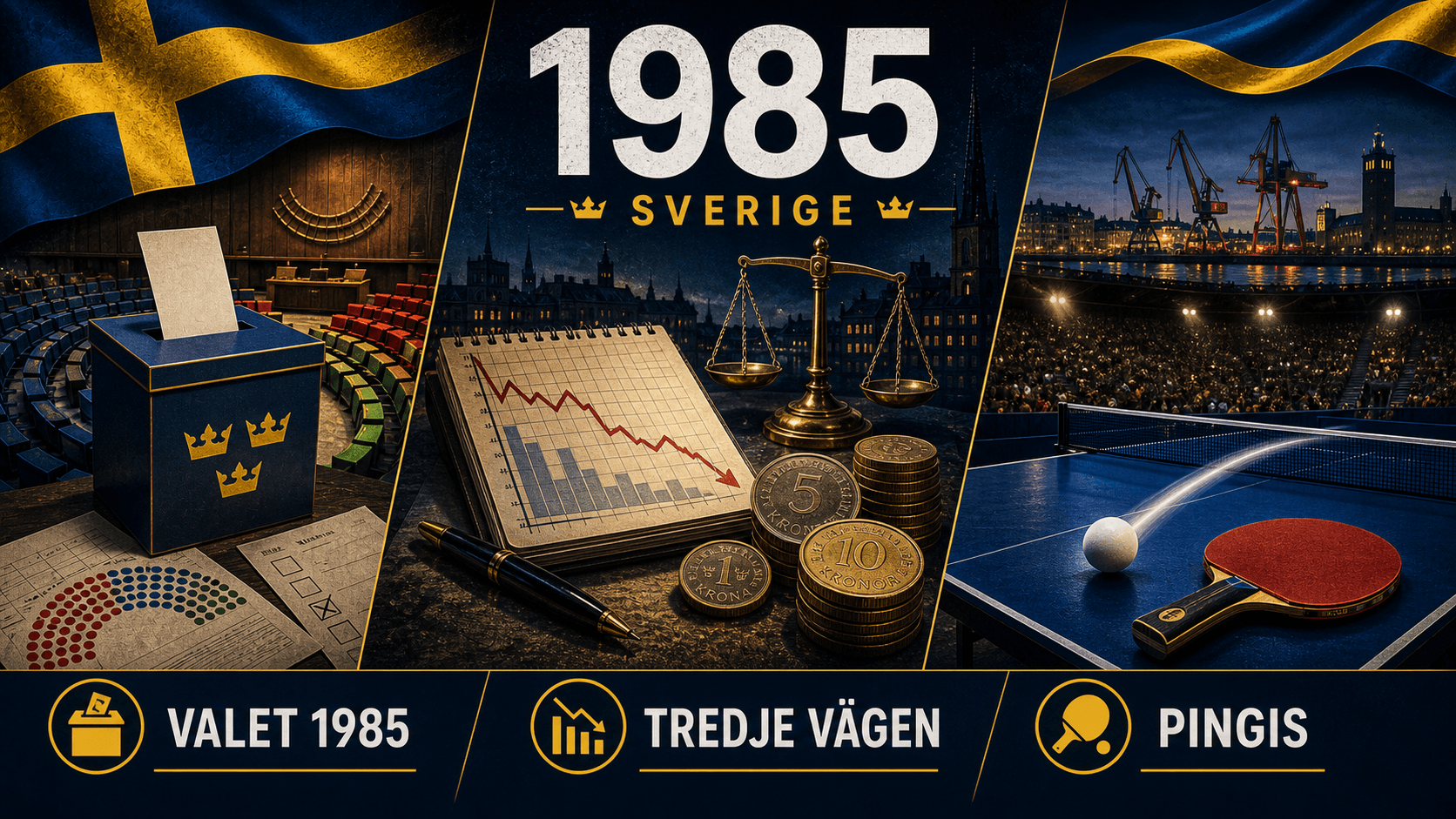 Infografik för Sverige 1985 med valurna, ekonomidiagram och bordtennissymboler.