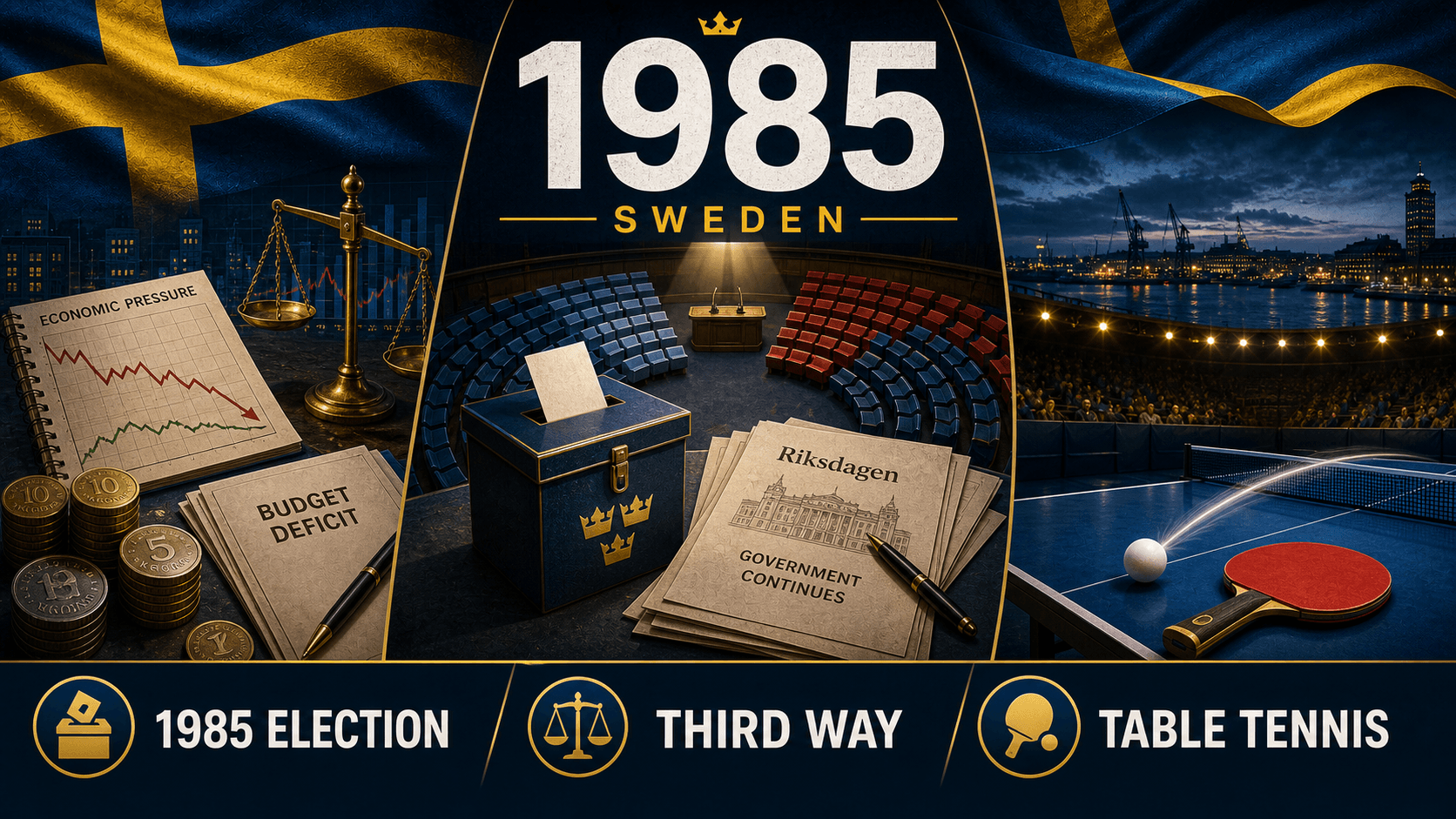 Infographic for Sweden in 1985 with ballot box, economic chart, and table tennis symbols.