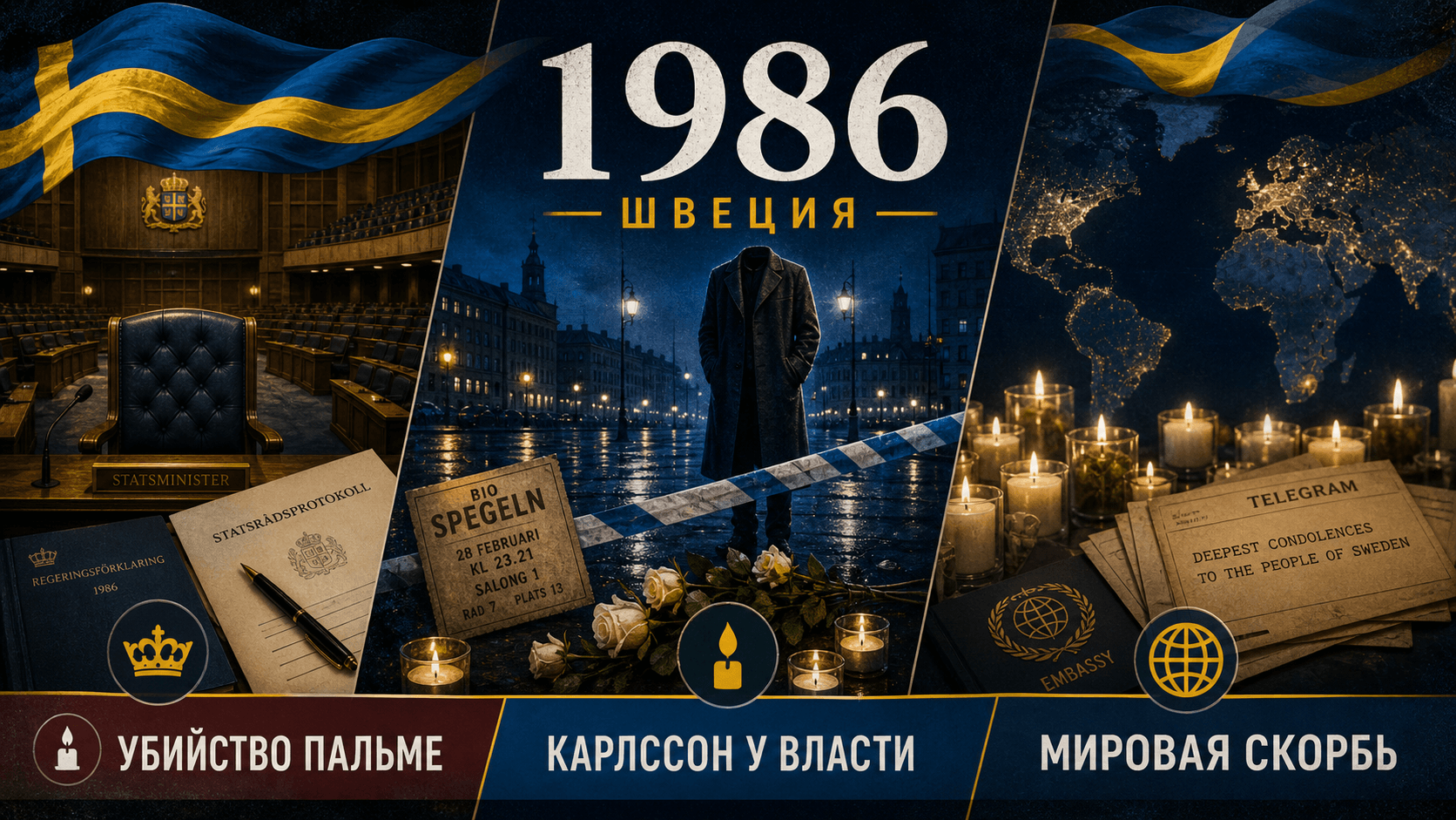 Инфографика о Швеции 1986 года с символами мемориальной улицы, риксдага и мировой скорби.