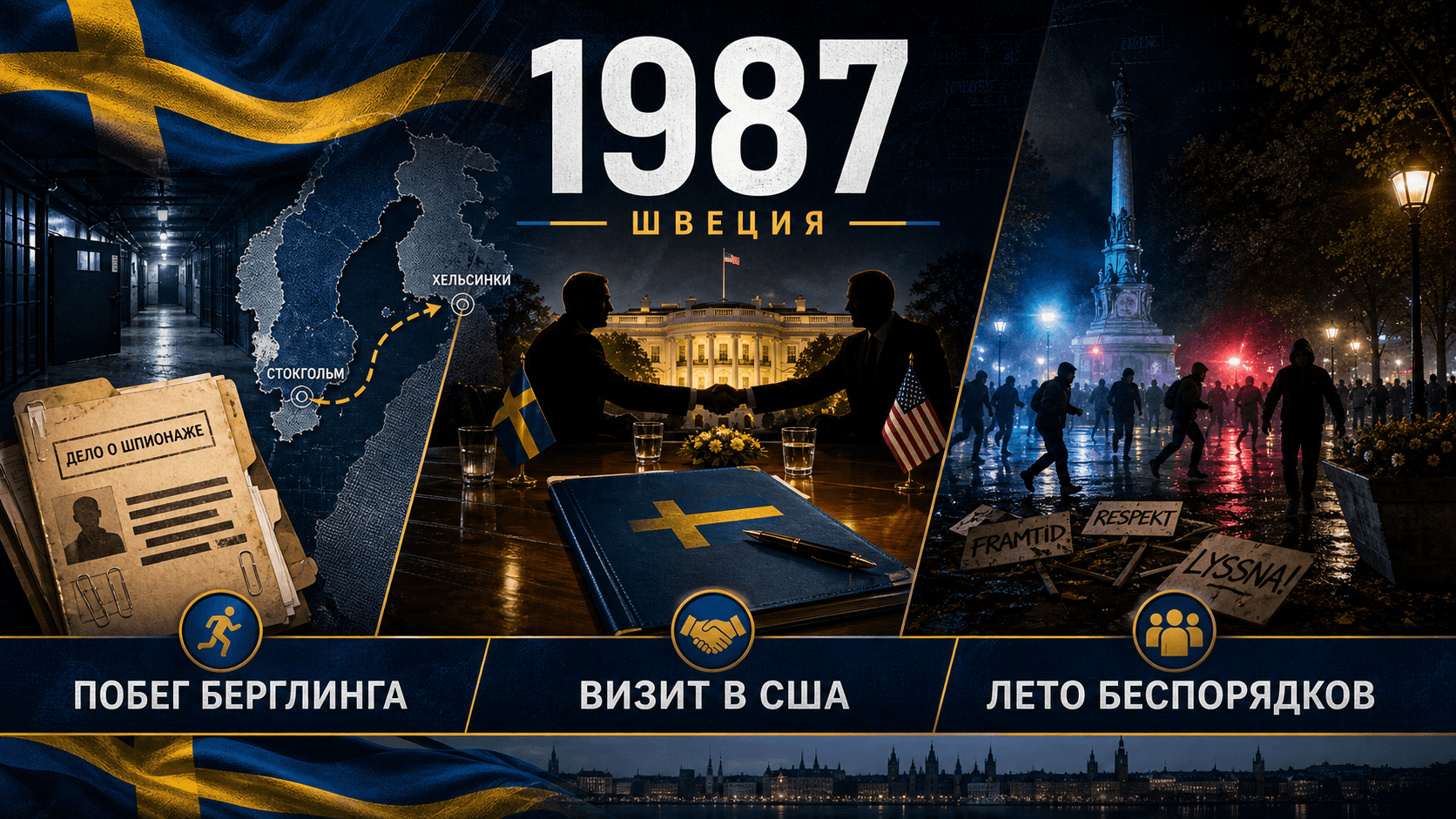 Инфографика о Швеции 1987 года с символами побега из тюрьмы, дипломатии и молодёжных беспорядков.