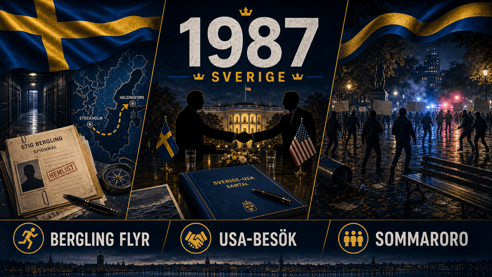 Infografik för Sverige 1987 med fängelseflykt, diplomati och ungdomsoroligheter.