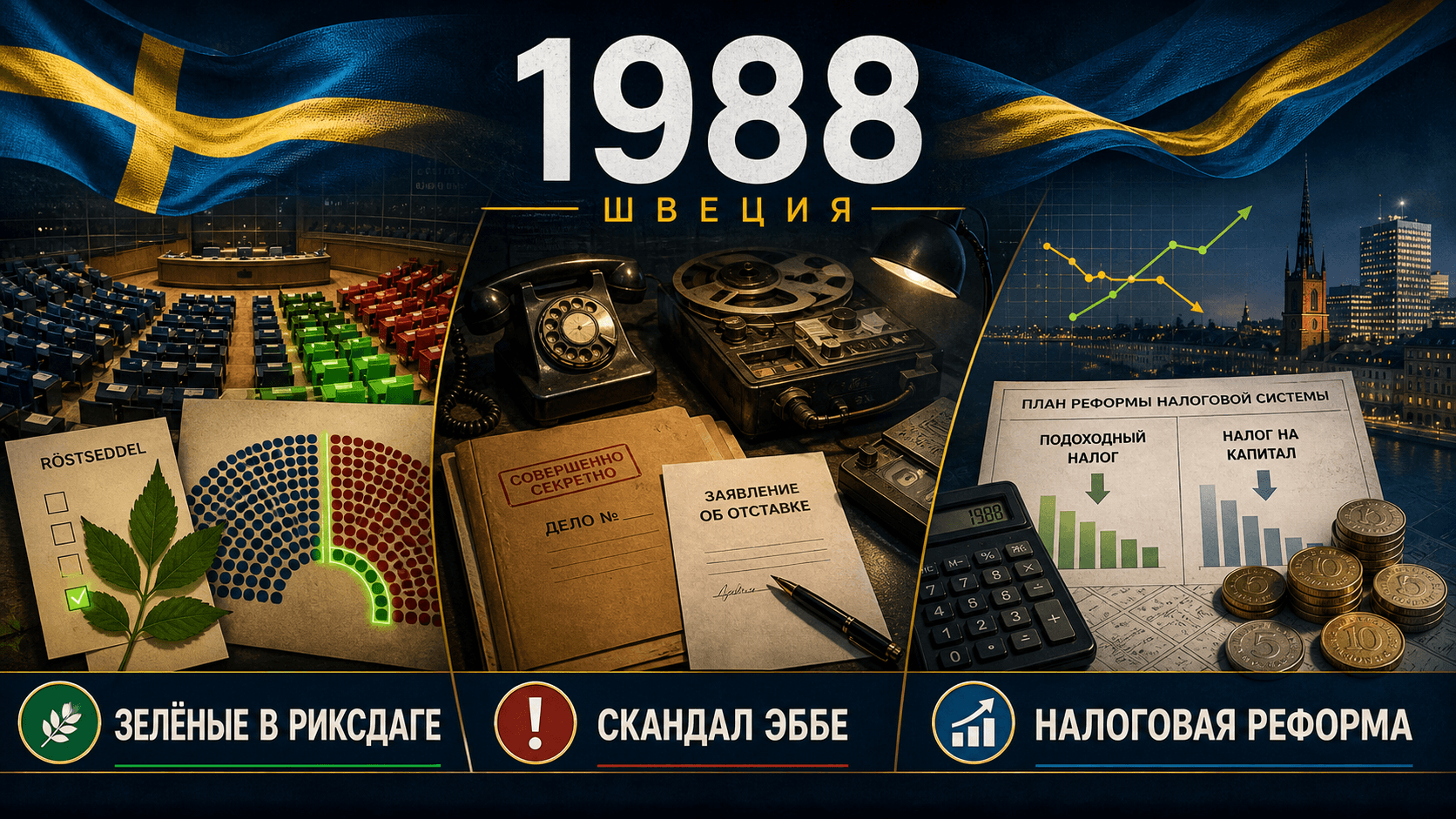 Инфографика о Швеции 1988 года с зелёными местами в риксдаге, телефонным скандалом и налоговой реформой.