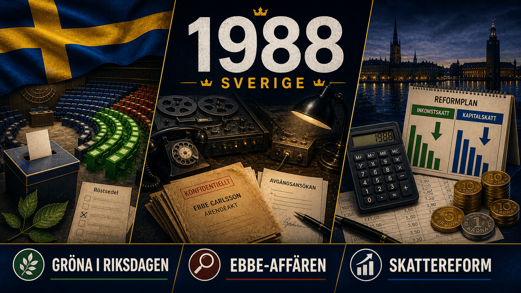Infografik för Sverige 1988 med gröna riksdagsplatser, avlyssningsaffär och skattereform.