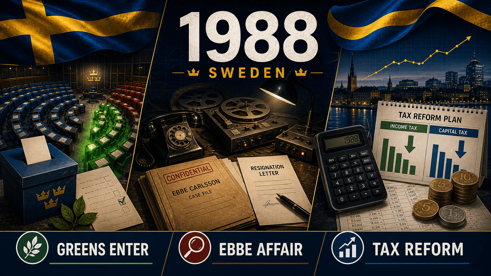 Infographic for Sweden in 1988 with green parliament seats, wiretap scandal, and tax reform symbols.