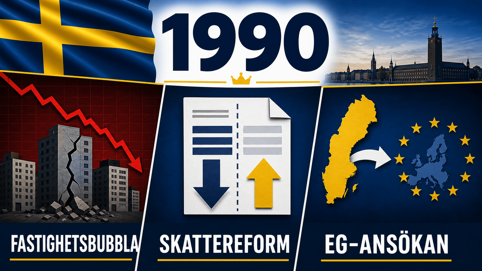 Infografik för Sverige 1990 som sammanfattar Nyckeln ställer in betalningarna, Skattereform fördubblar räntekostnader, Sverige söker EG-medlemskap.