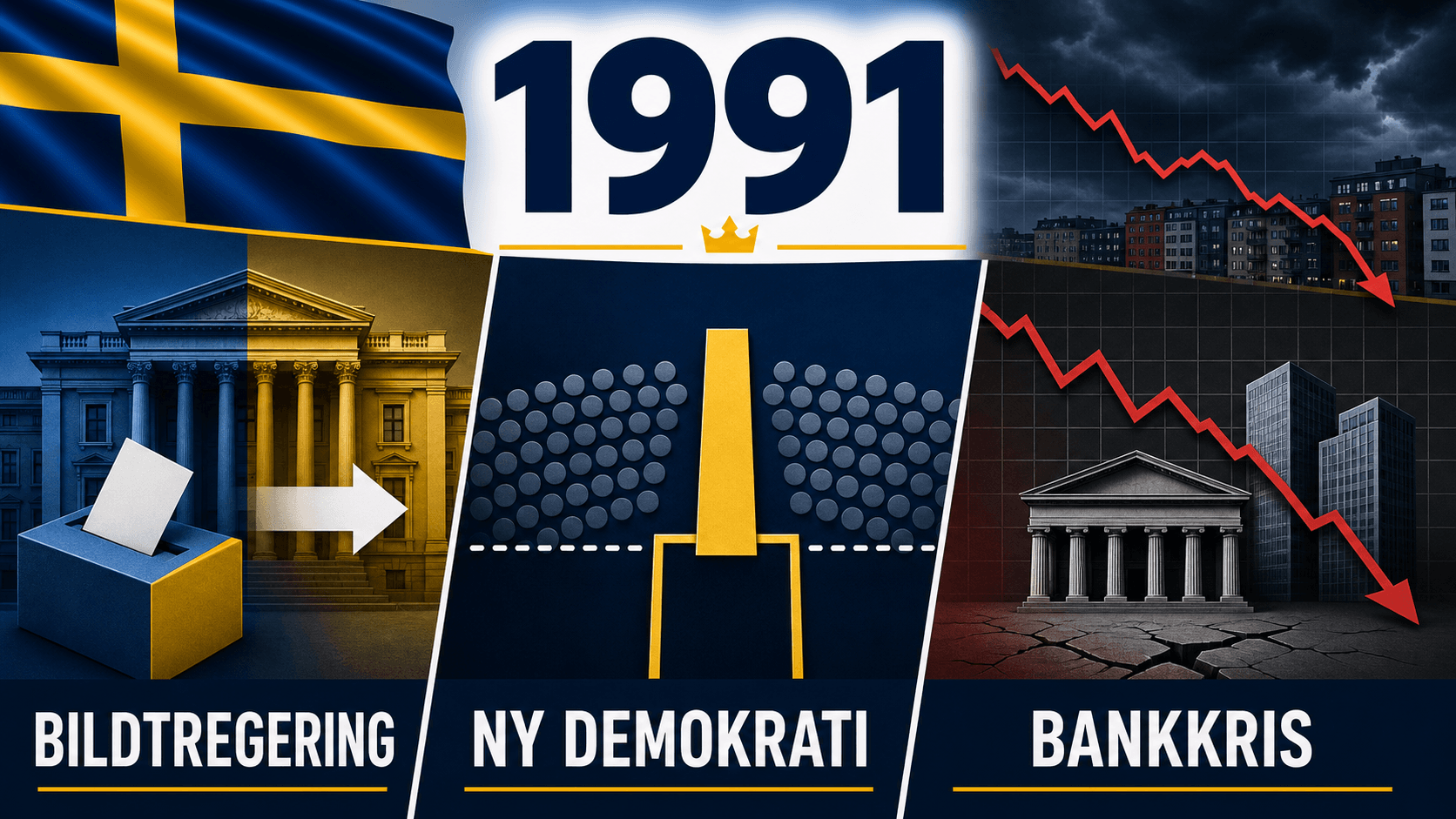 Infografik för Sverige 1991 som sammanfattar Riksdagsval 1991, Ny demokrati chockar, Krisen fördjupas.