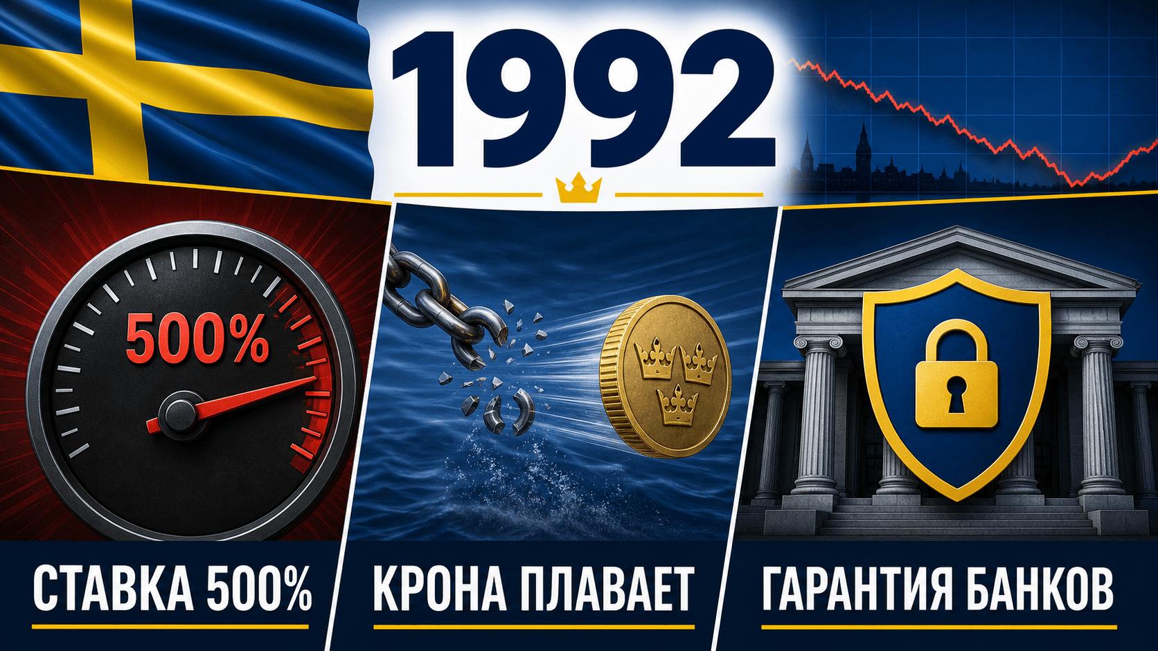 Инфографика о Швеции 1992 года: Защита кроны, Крона отпущена в свободное плавание, Банковский кризис.