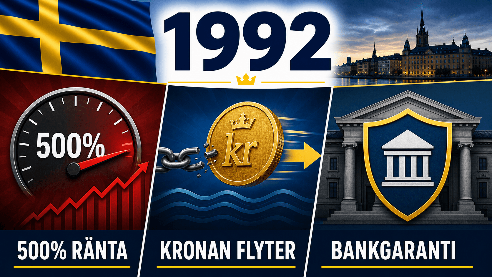 Infografik för Sverige 1992 som sammanfattar Marginalräntan 500 %, Kronan flyter, Bankräddning.
