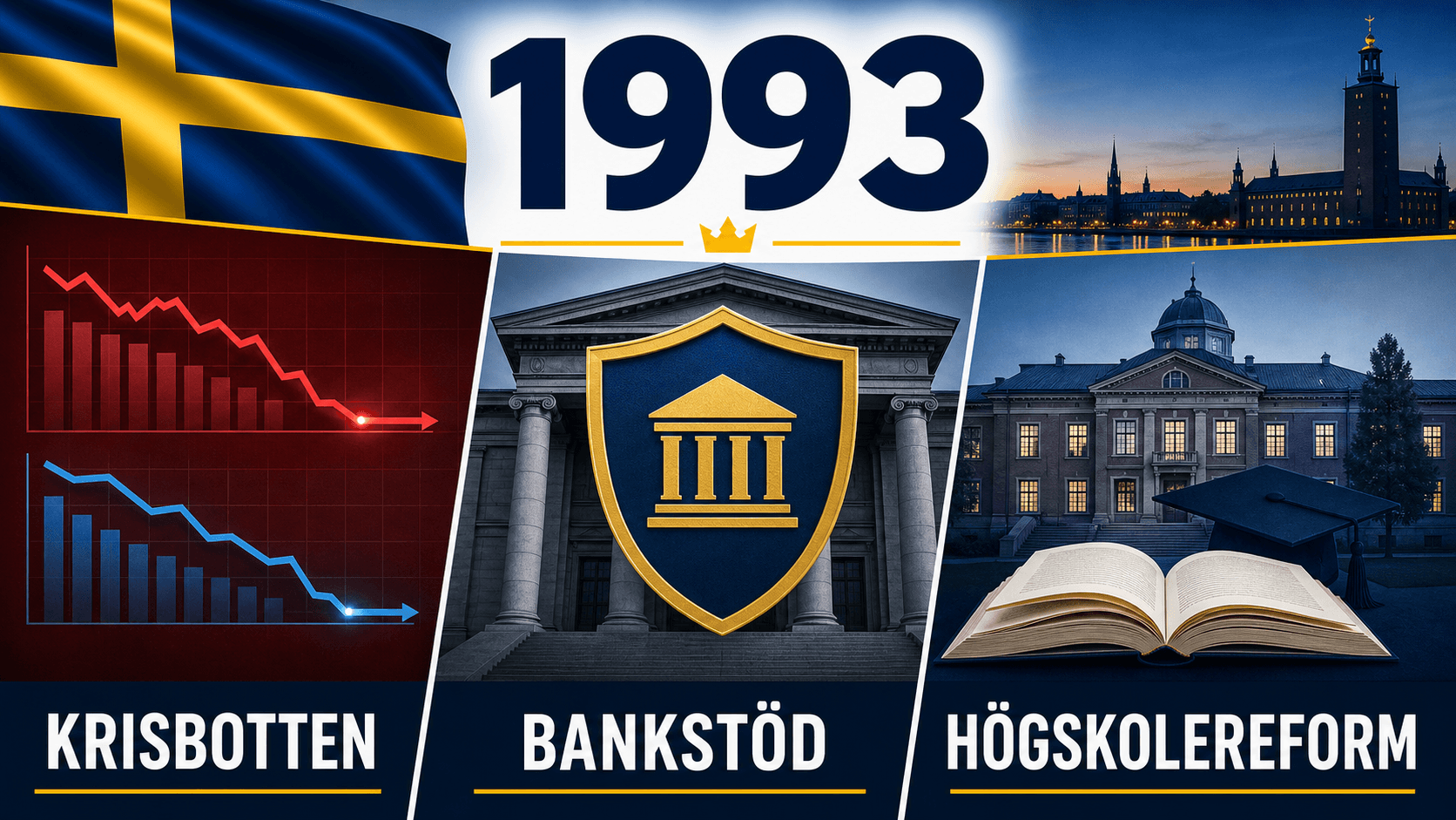Infografik för Sverige 1993 som sammanfattar Djupaste recessionen sedan kriget, Bankstödsnämnden, Högskolereformen 1993.