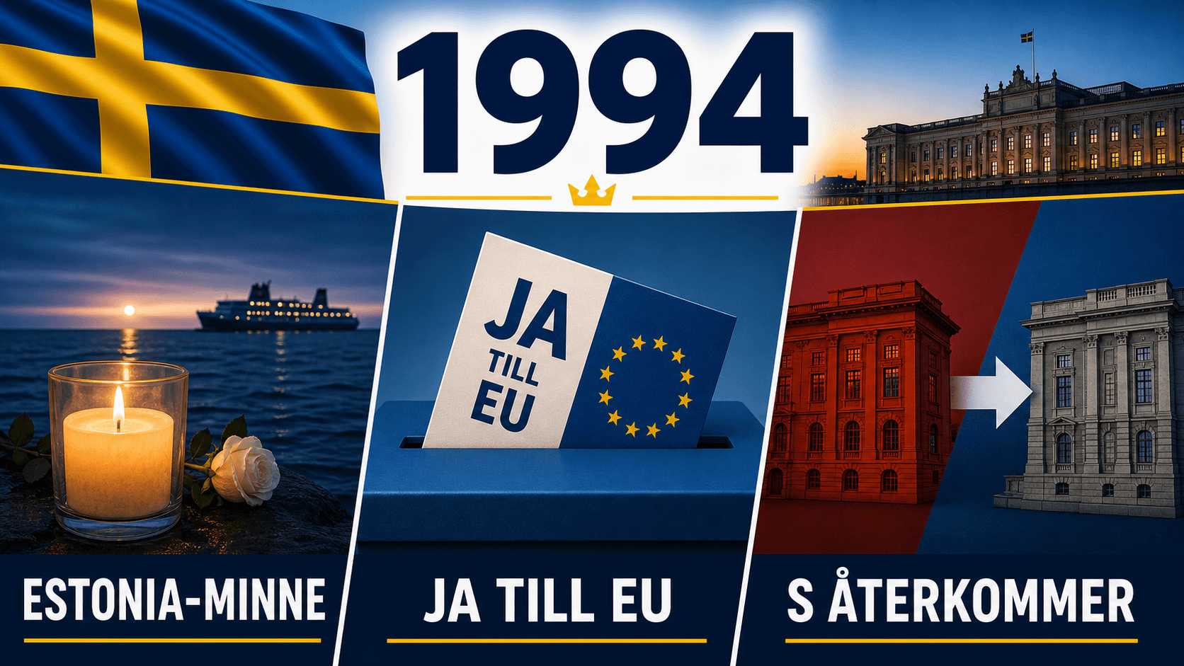 Infografik för Sverige 1994 som sammanfattar Estoniakatastrofen, EU-folkomröstningen, Socialdemokraterna återtar makten.