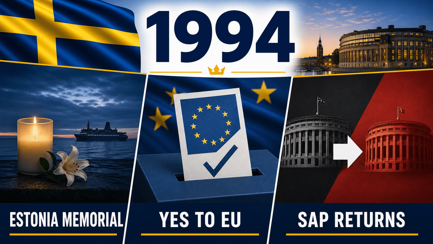 Infographic for Sweden in 1994 summarizing MS Estonia disaster, EU referendum, Social Democrats return.