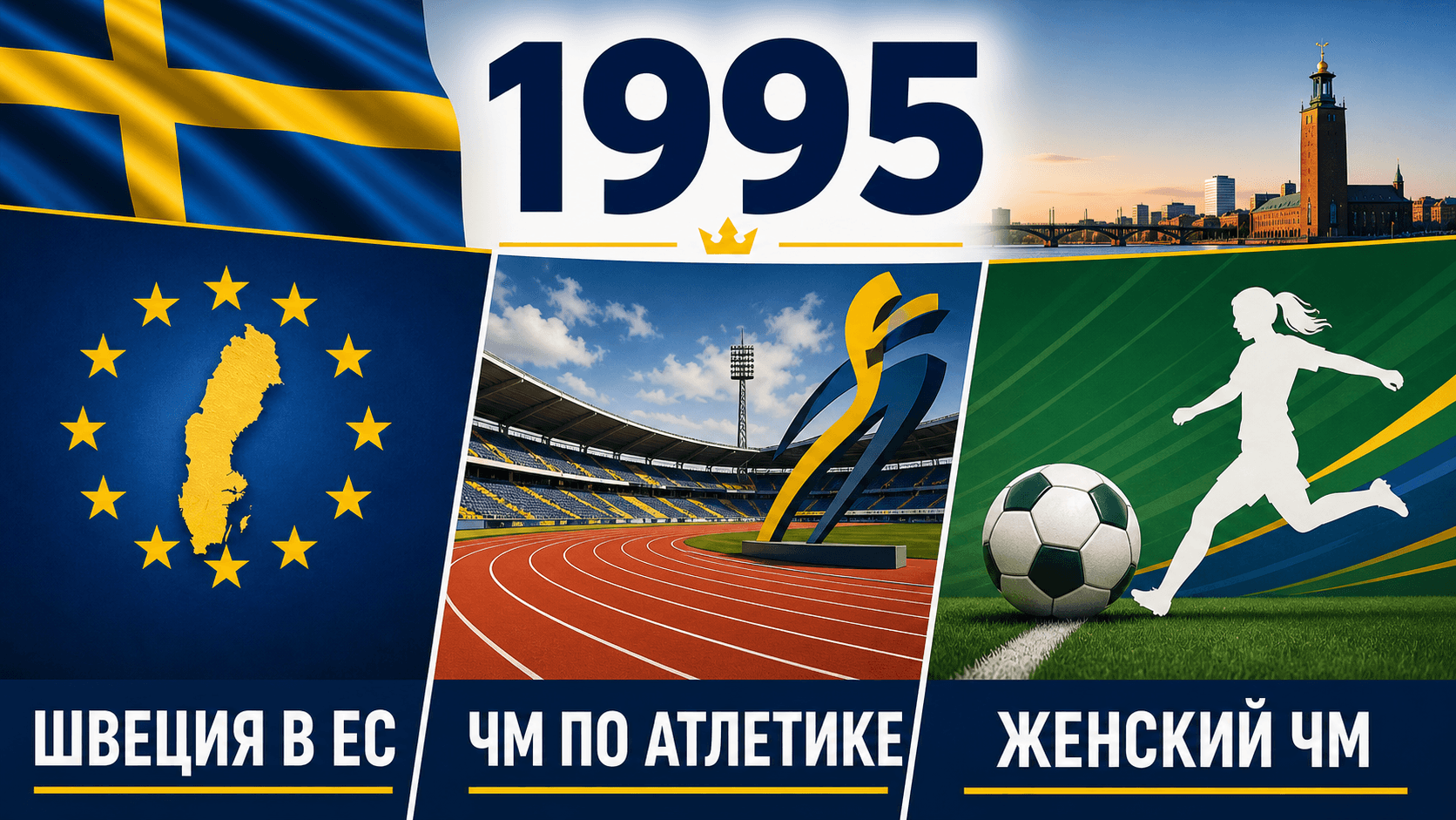 Инфографика о Швеции 1995 года: Вступление в Европейский союз, Чемпионат мира по лёгкой атлетике, Чемпионат мира по женскому футболу.
