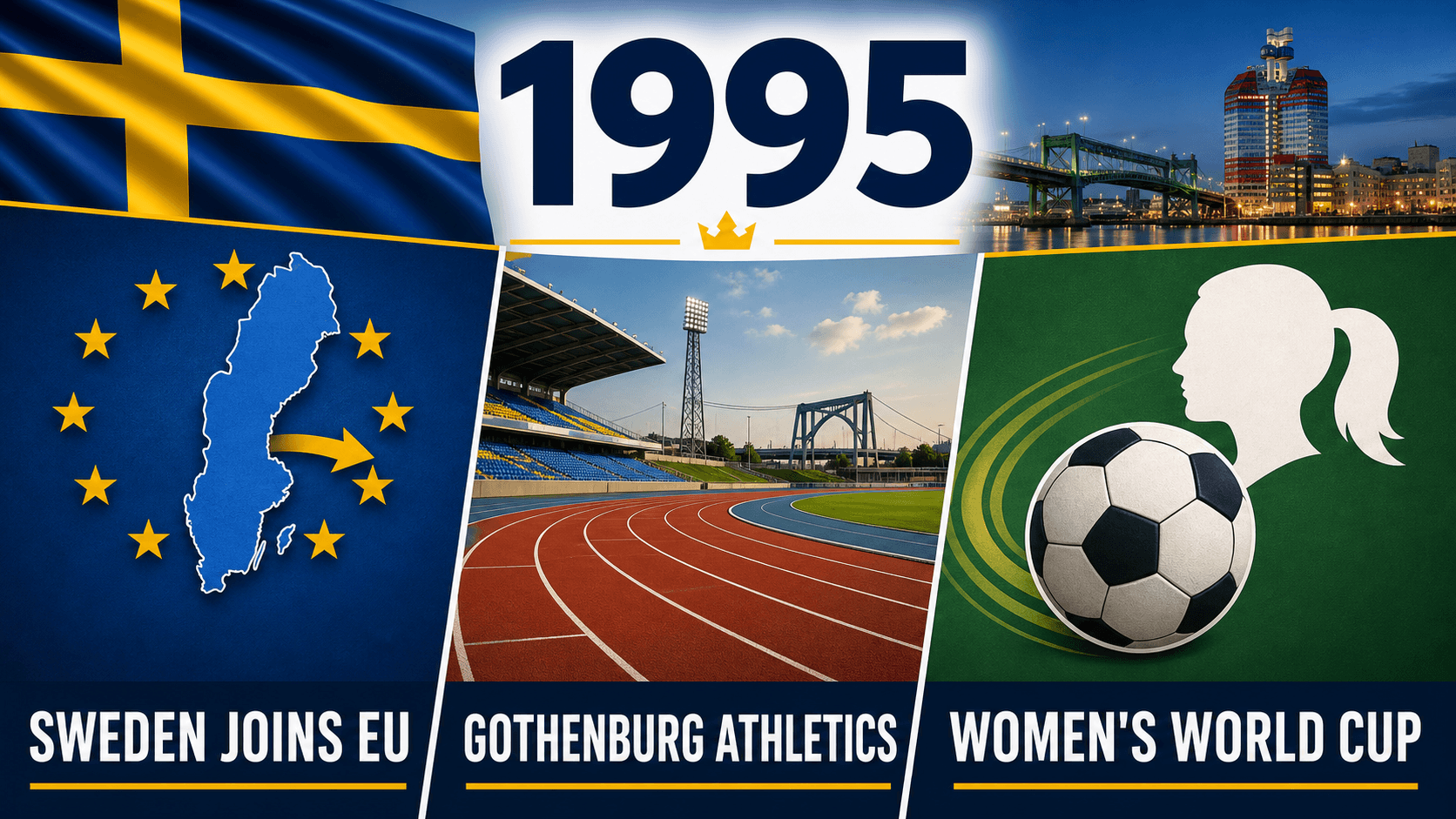 Infographic for Sweden in 1995 summarizing EU accession, World Championships in Athletics, FIFA Women's World Cup.