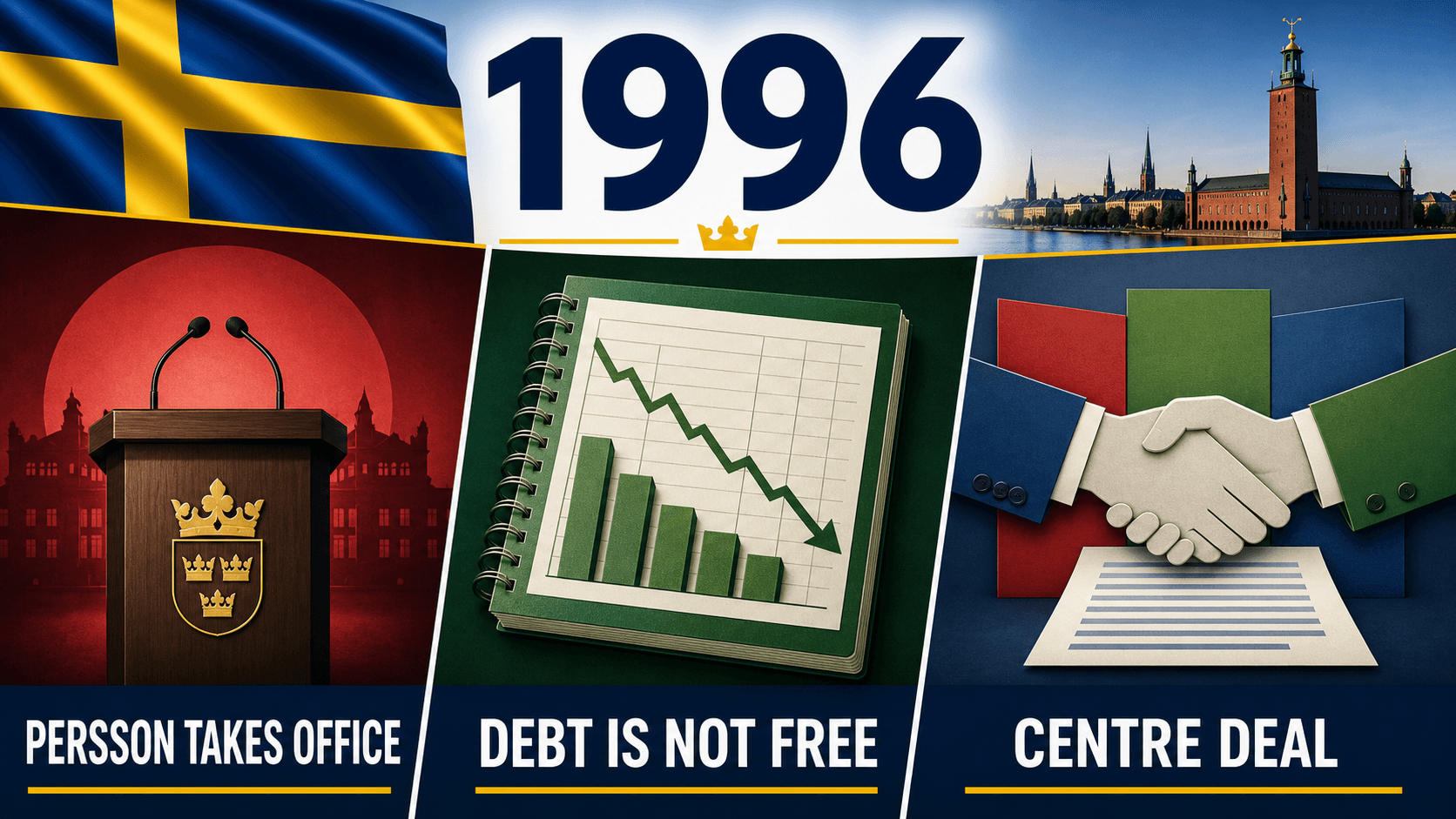 Infographic for Sweden in 1996 summarizing Persson becomes PM, 'One in debt is not free', Centre Party deal.