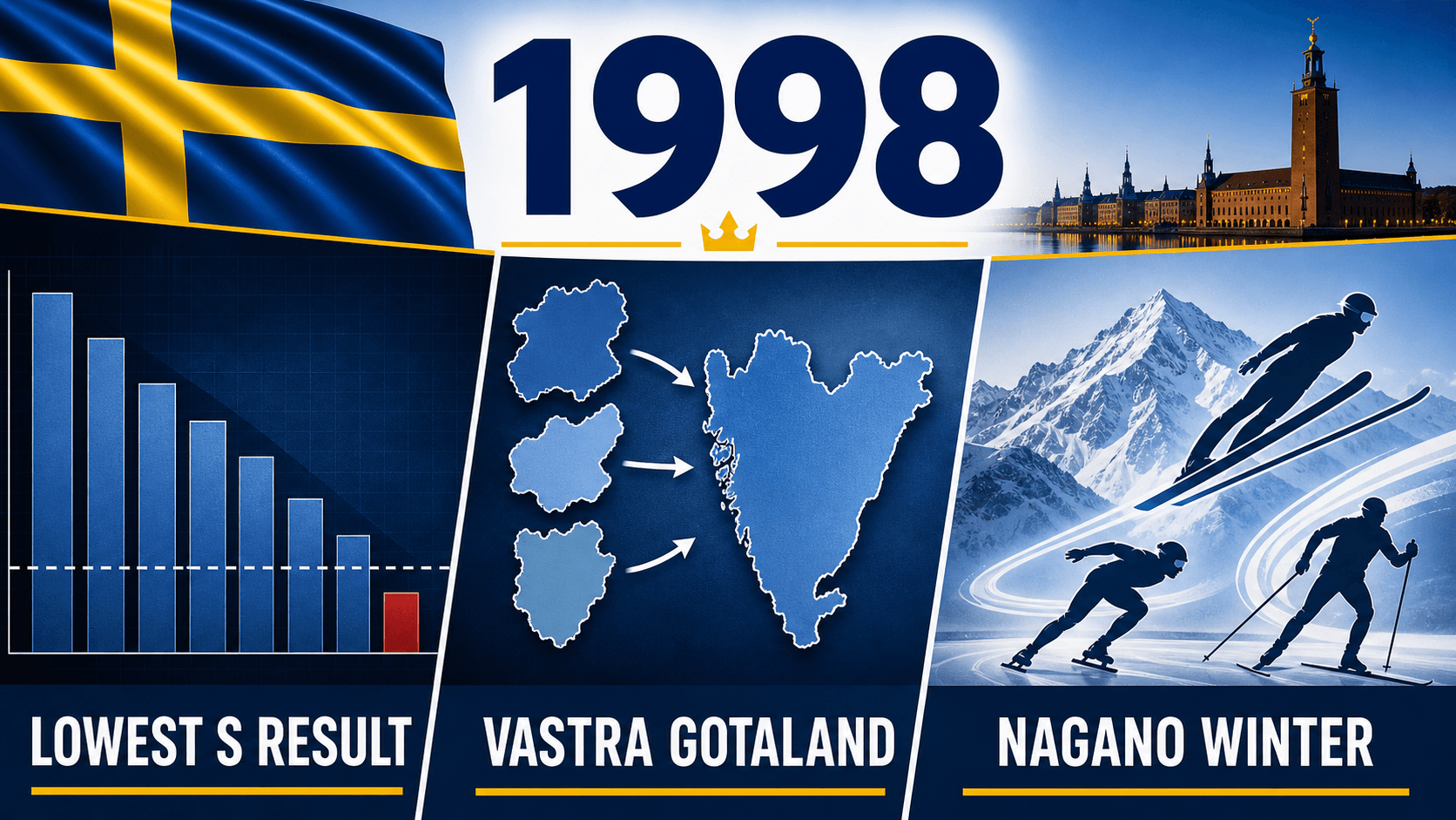 Infographic for Sweden in 1998 summarizing General election, Västra Götaland founded, Nagano Winter Olympics.