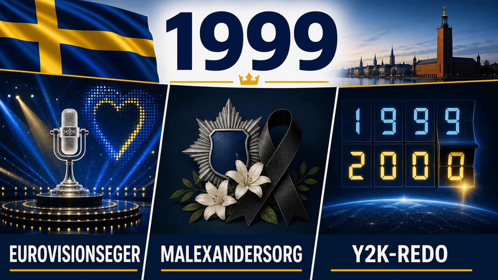Infografik för Sverige 1999 som sammanfattar Eurovisionsseger, Malexandermordet, Millennieskiftet.