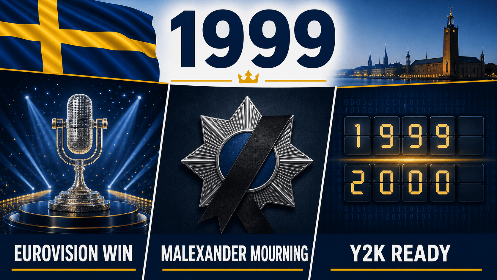 Infographic for Sweden in 1999 summarizing Eurovision win, Malexander murders, Y2K preparedness.