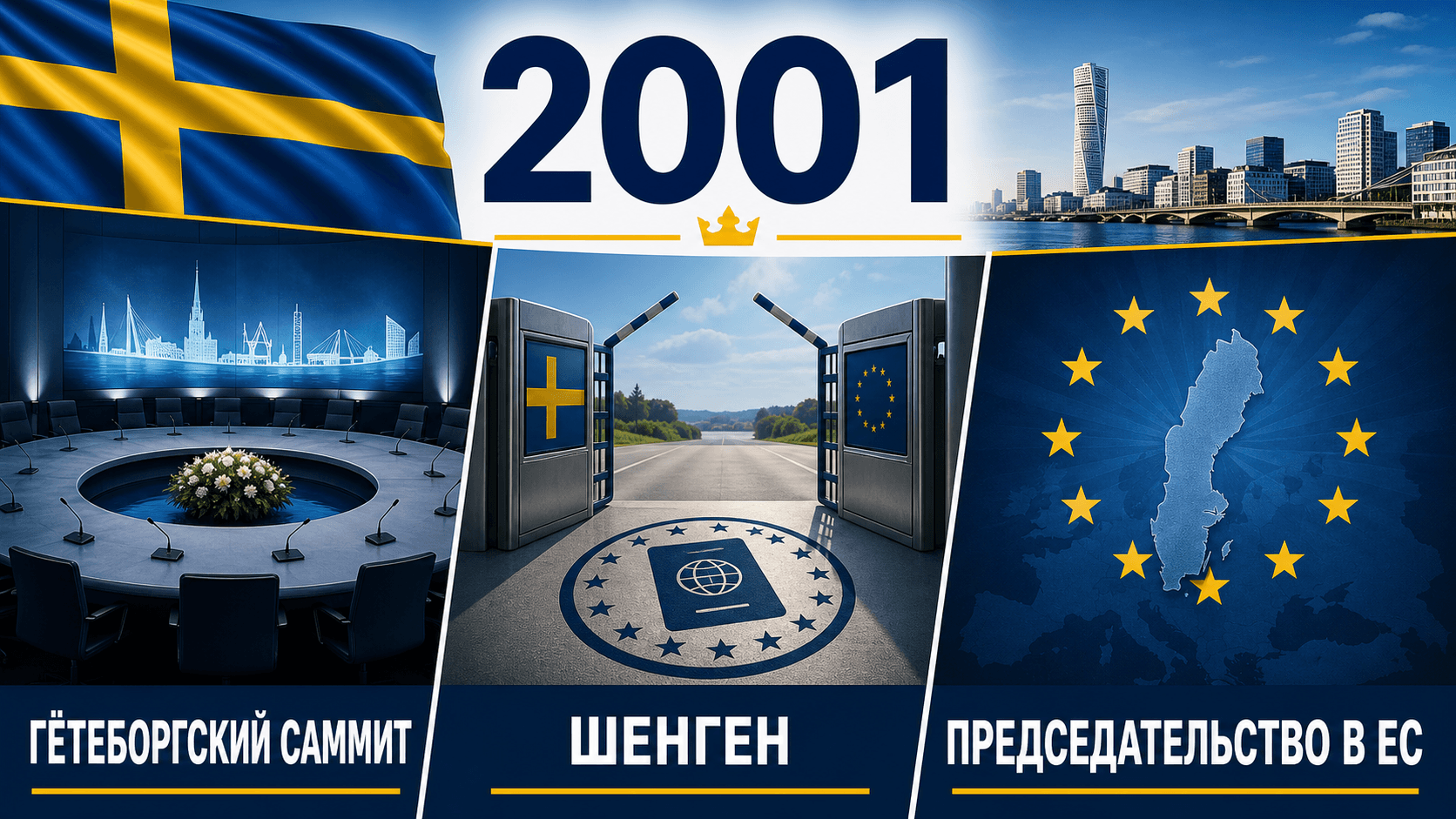Инфографика о Швеции 2001 года: Беспорядки в Гётеборге, Присоединение к Шенгену, Председательство в ЕС.