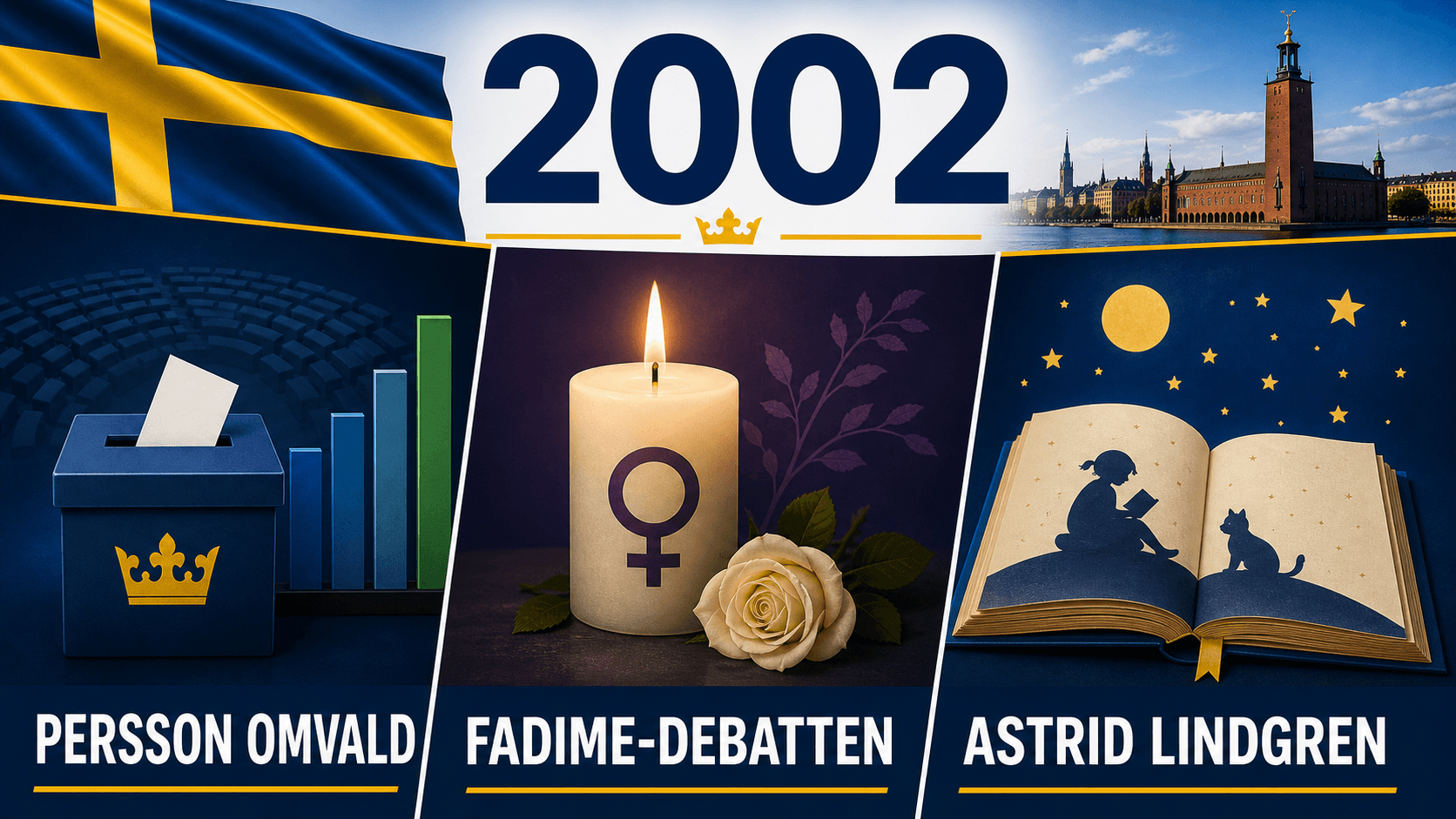 Infografik för Sverige 2002 som sammanfattar Riksdagsval, Mordet på Fadime Şahindal, Astrid Lindgren avlider.