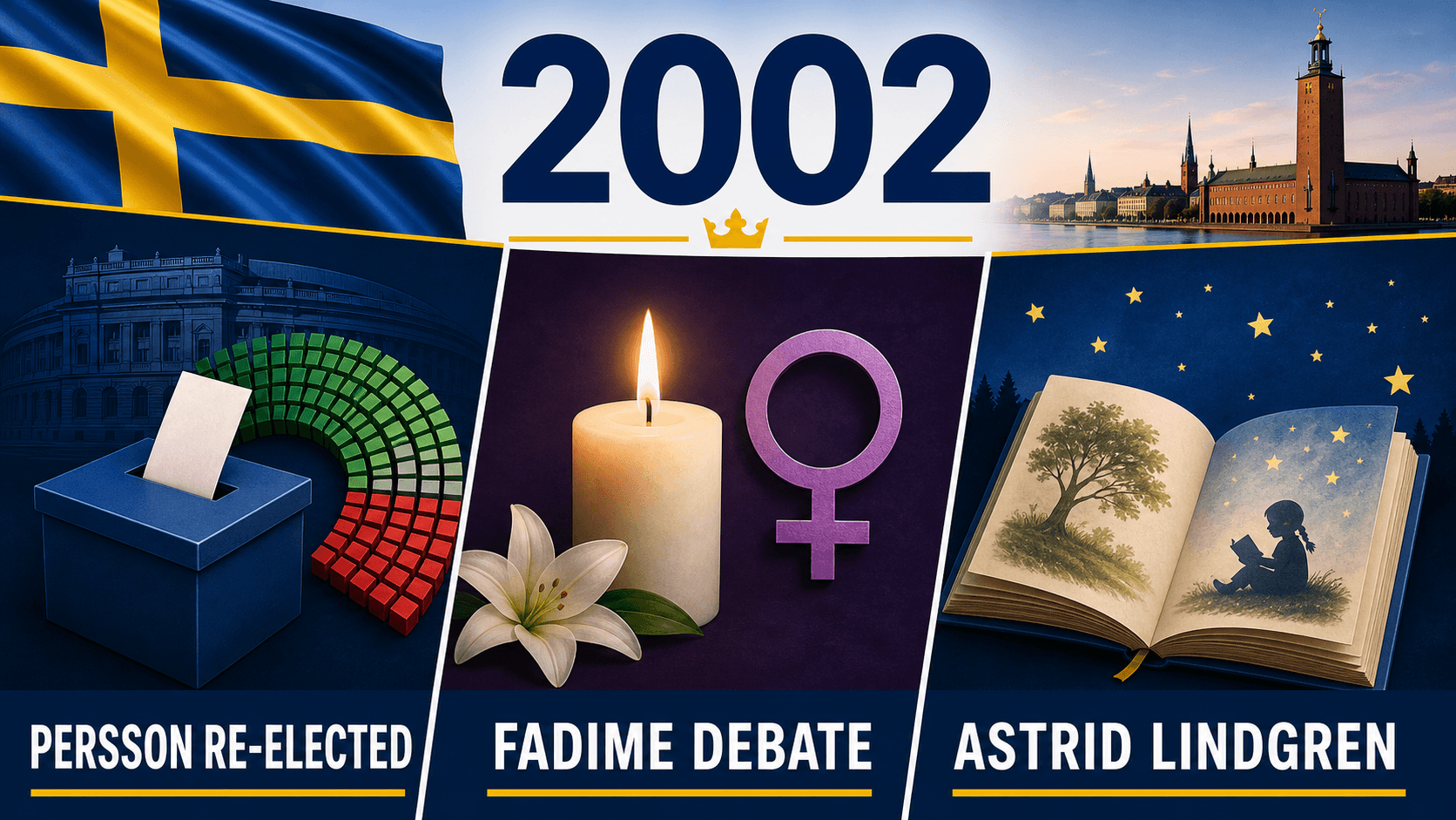 Infographic for Sweden in 2002 summarizing General election, Murder of Fadime Şahindal, Death of Astrid Lindgren.