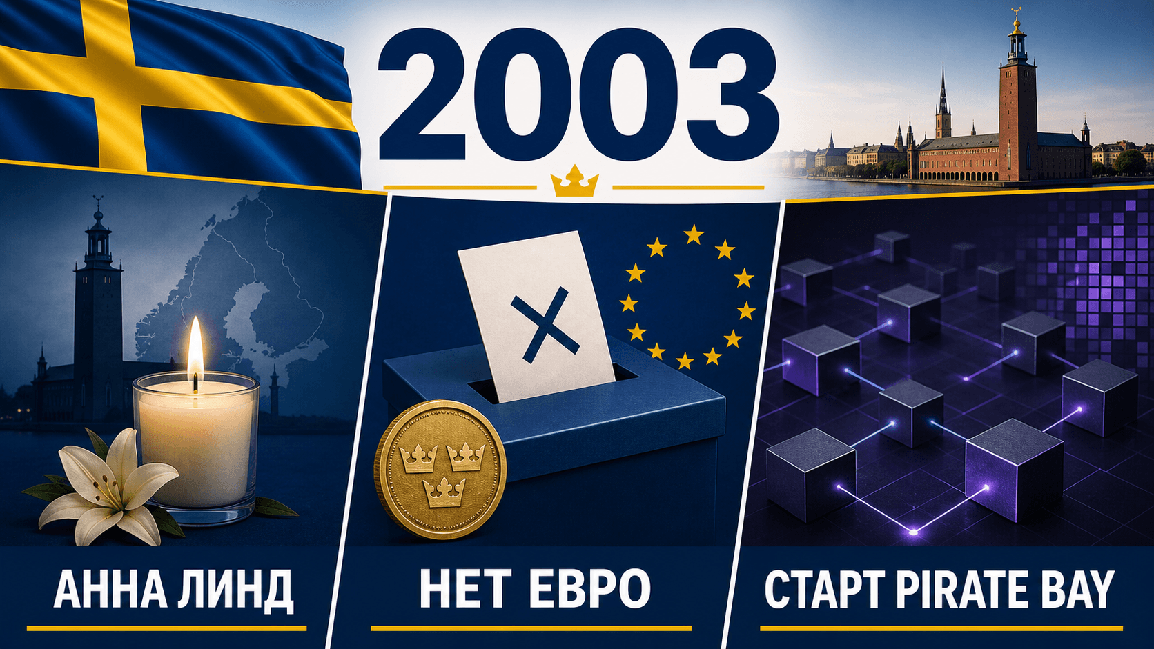 Инфографика о Швеции 2003 года: Убийство Анны Линд, Референдум по евро, Основание The Pirate Bay.
