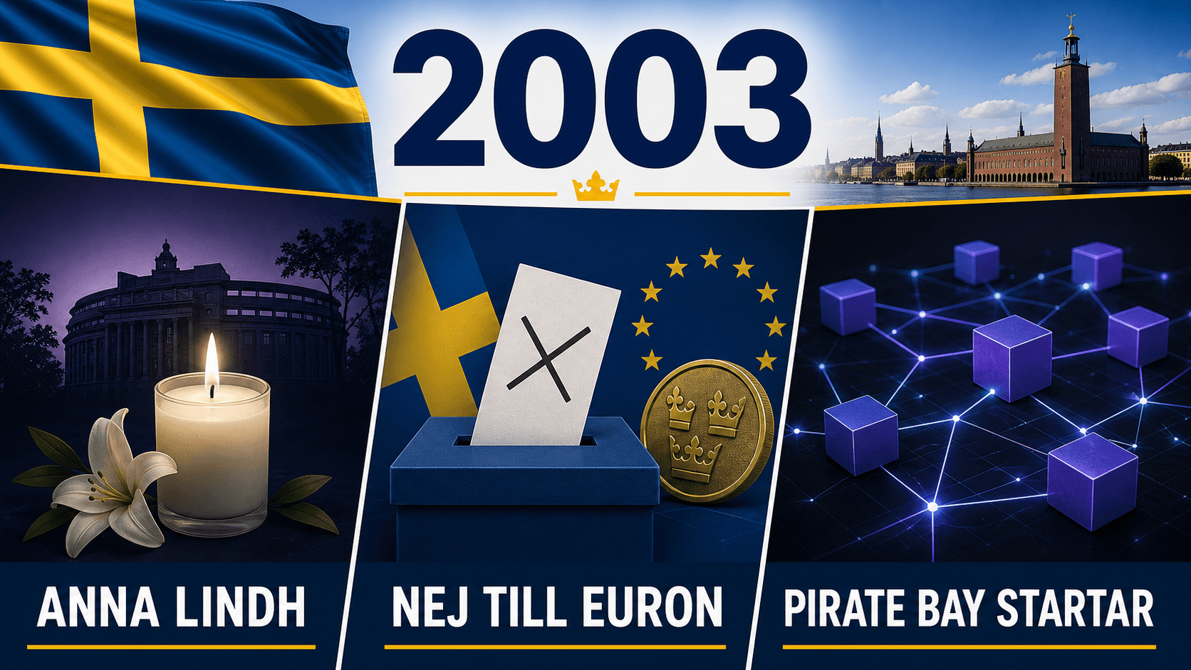 Infografik för Sverige 2003 som sammanfattar Mordet på Anna Lindh, Euroreeferendуmet, The Pirate Bay grundas.