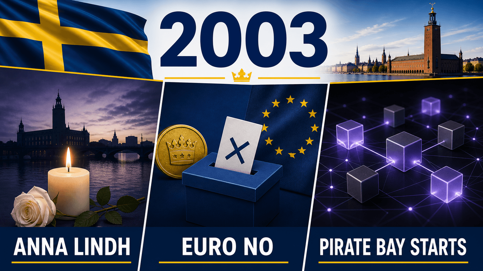 Infographic for Sweden in 2003 summarizing Assassination of Anna Lindh, Euro referendum, The Pirate Bay founded.