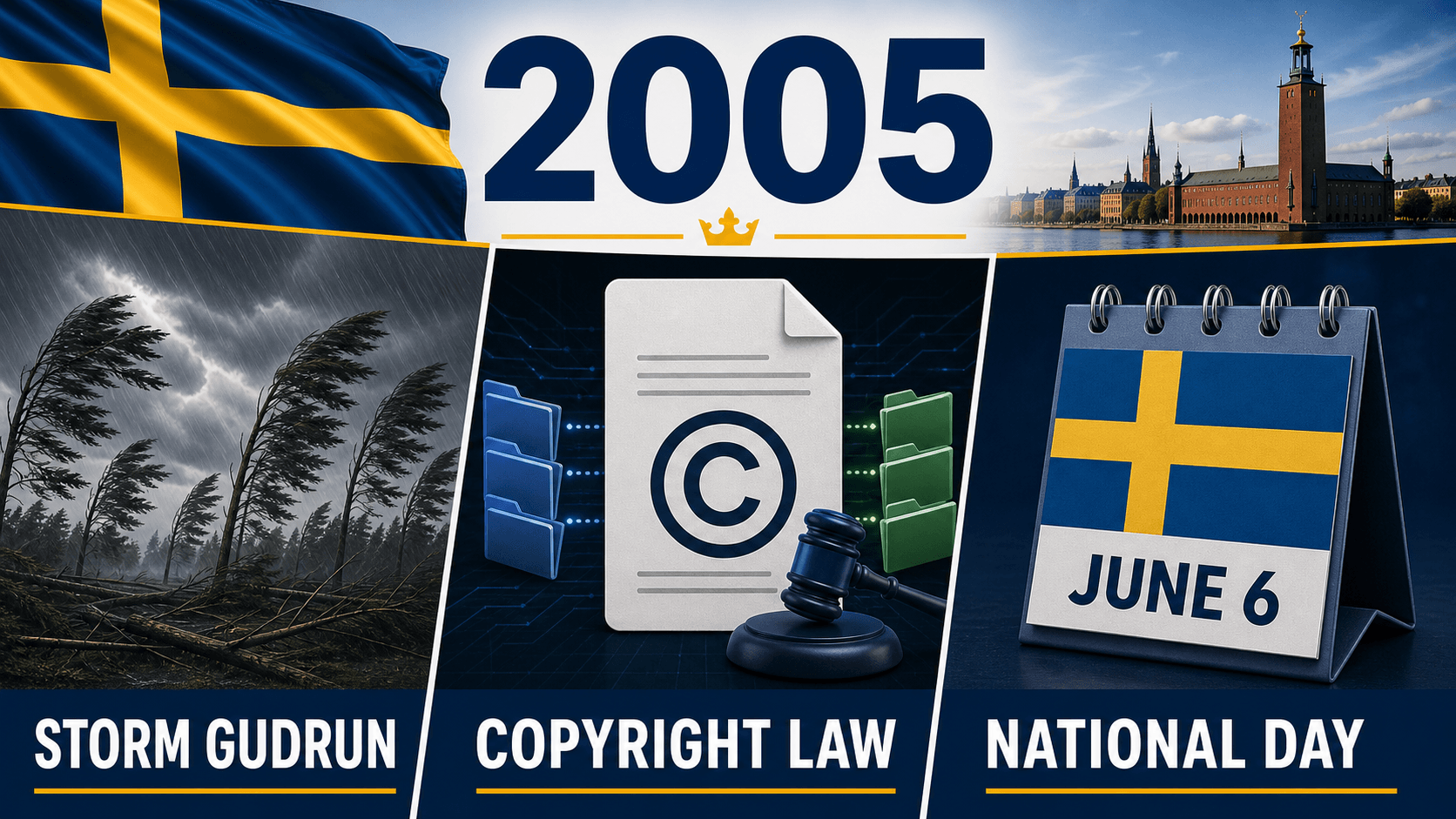 Infographic for Sweden in 2005 summarizing Cyclone Gudrun, New copyright law, National Day made a public holiday.