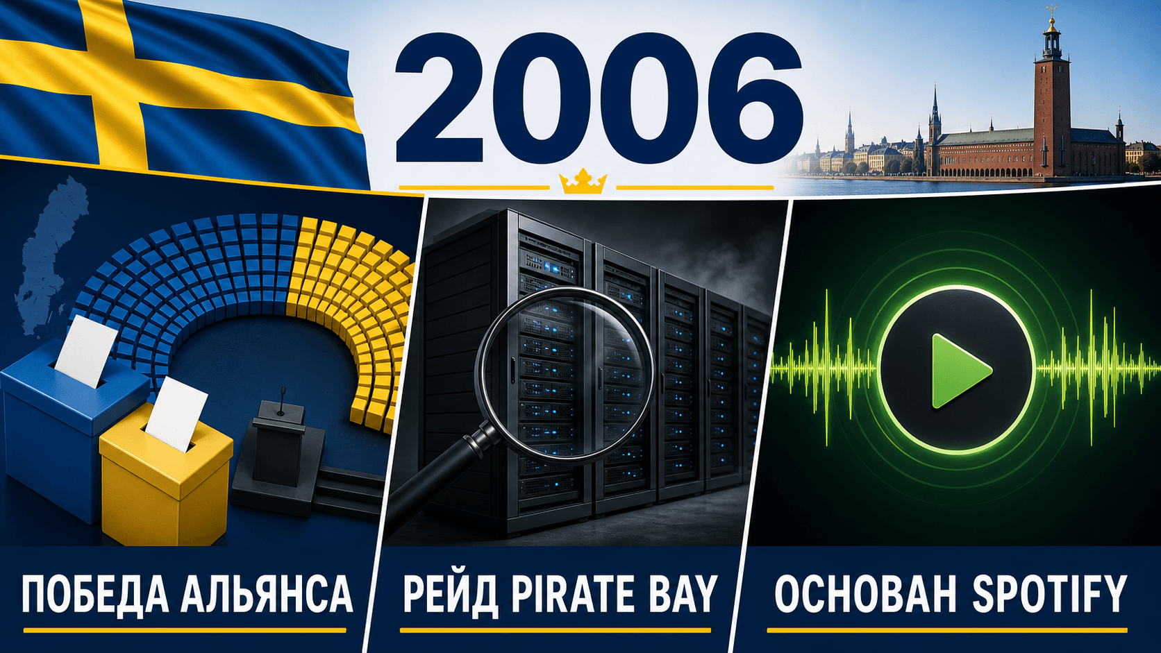 Инфографика о Швеции 2006 года: Смена власти, Рейд на The Pirate Bay, Основание Spotify.