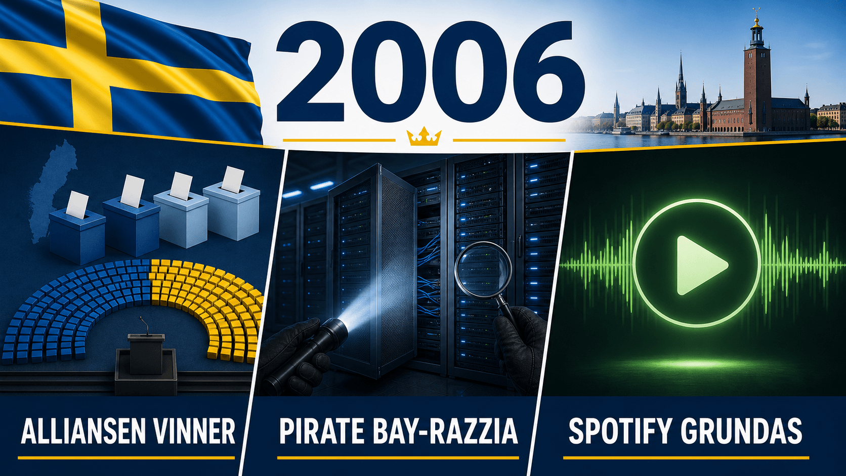 Infografik för Sverige 2006 som sammanfattar Regeringsskifte, Razzia mot The Pirate Bay, Spotify grundas.