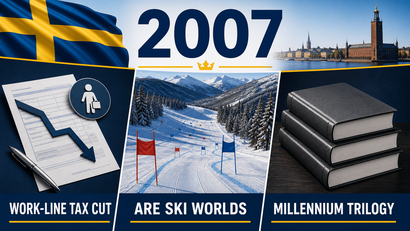 Infographic for Sweden in 2007 with tax reform, Åre ski worlds, and three crime novels.