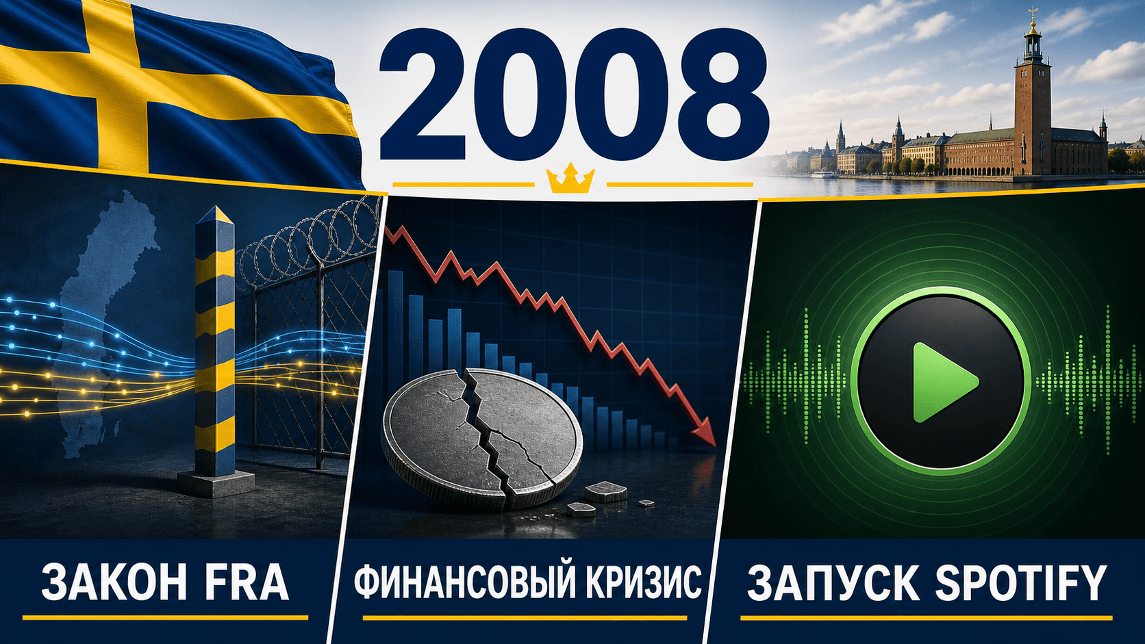 Инфографика о Швеции 2008 года с сигнальными кабелями, символами финансового кризиса и стриминга.