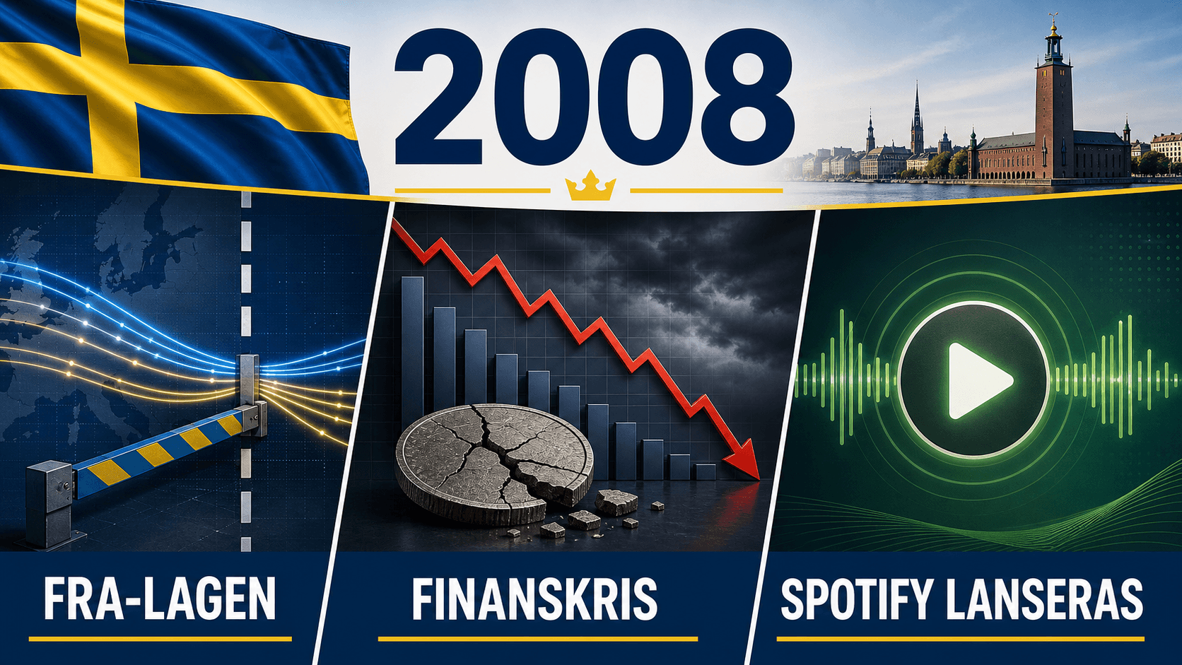 Infografik för Sverige 2008 med signalkablar, finanskrissymboler och generisk musikstreaming.