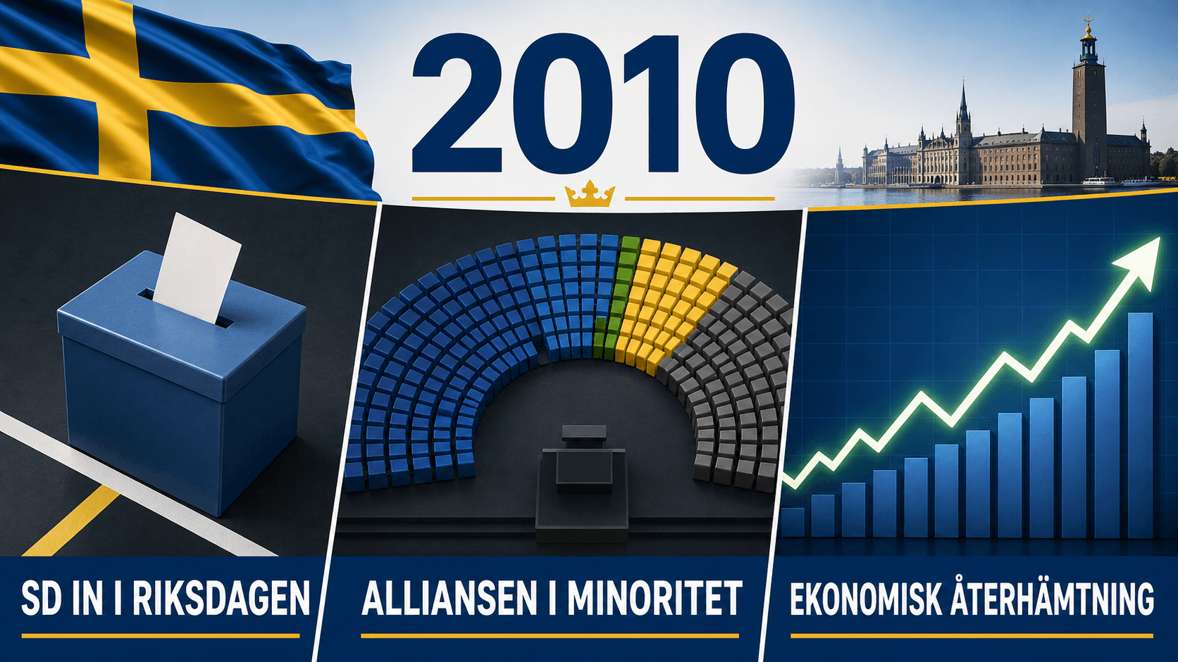 Infografik för Sverige 2010 med valsymboler, riksdagsplatser och stigande ekonomidiagram.
