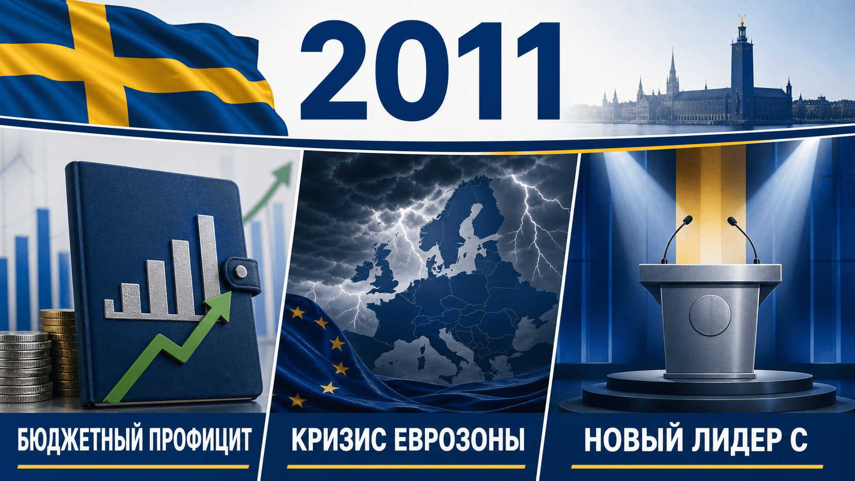 Инфографика о Швеции 2011 года с книгой профицита, штормом еврозоны и трибуной лидерства.