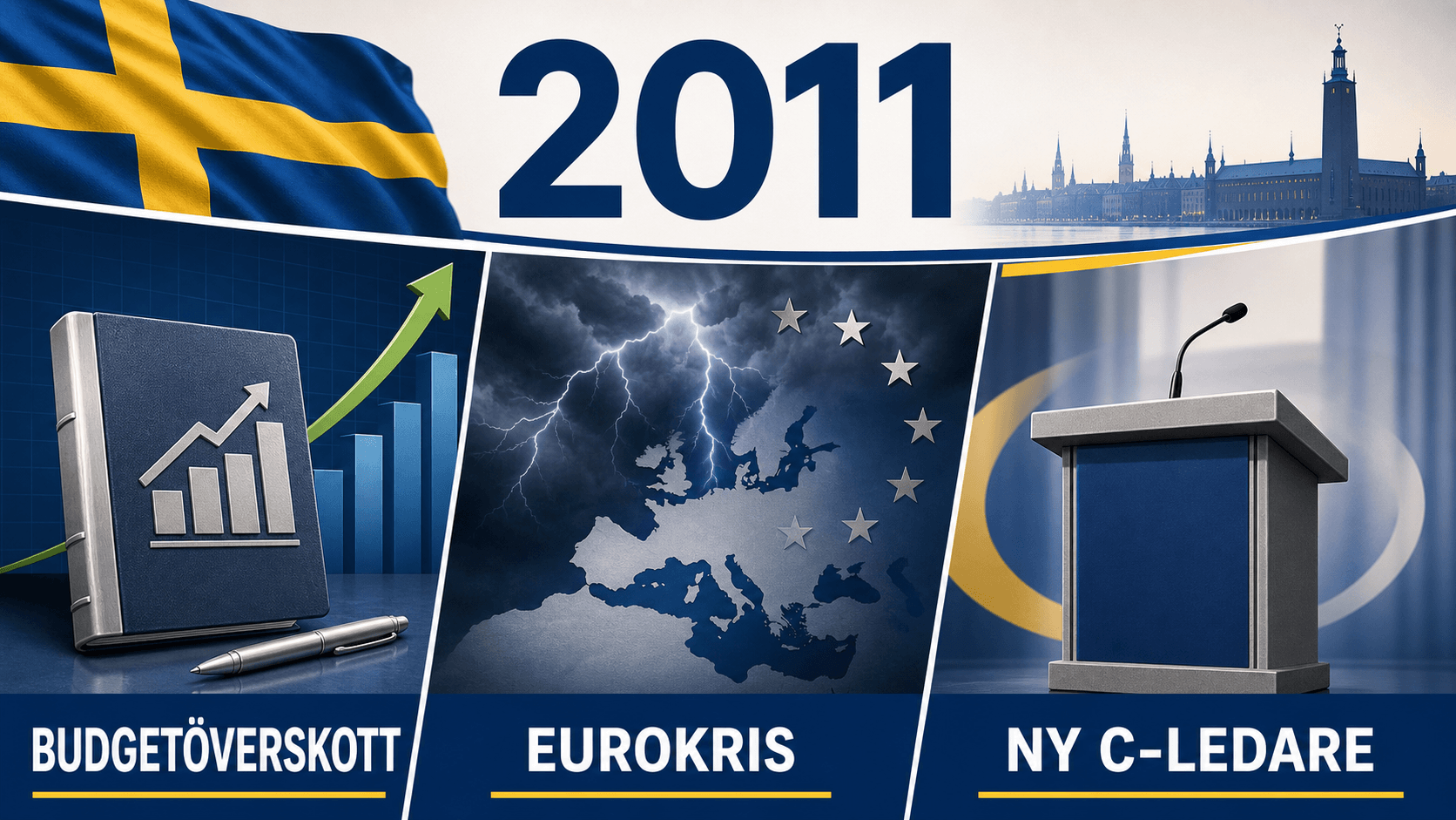 Infografik för Sverige 2011 med överskottsbok, eurozonsstorm och ledarpodium.