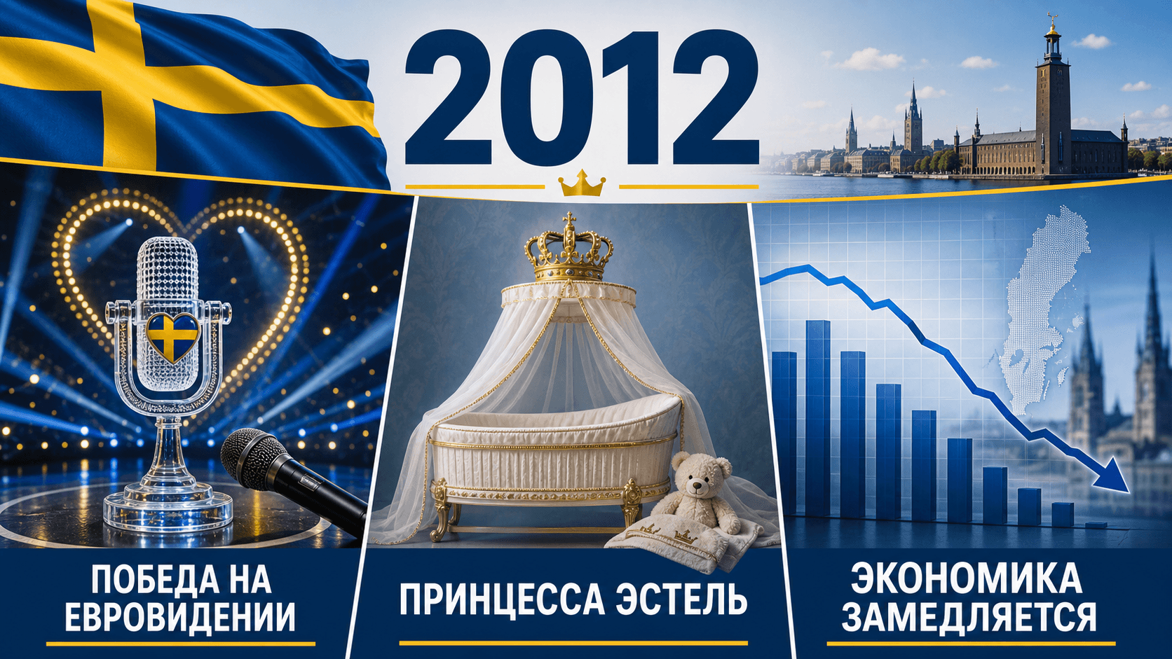 Инфографика о Швеции 2012 года с микрофоном, королевской колыбелью и охлаждающимся экономическим графиком.