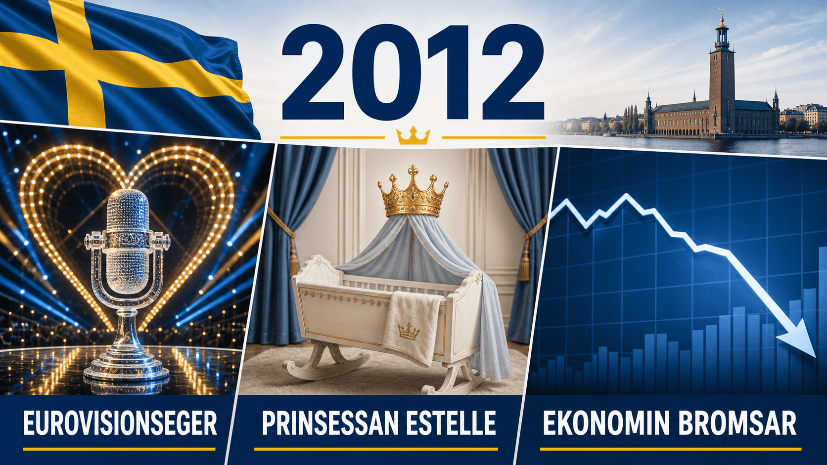 Infografik för Sverige 2012 med mikrofon, kunglig vaggsymbol och avsvalnande ekonomidiagram.